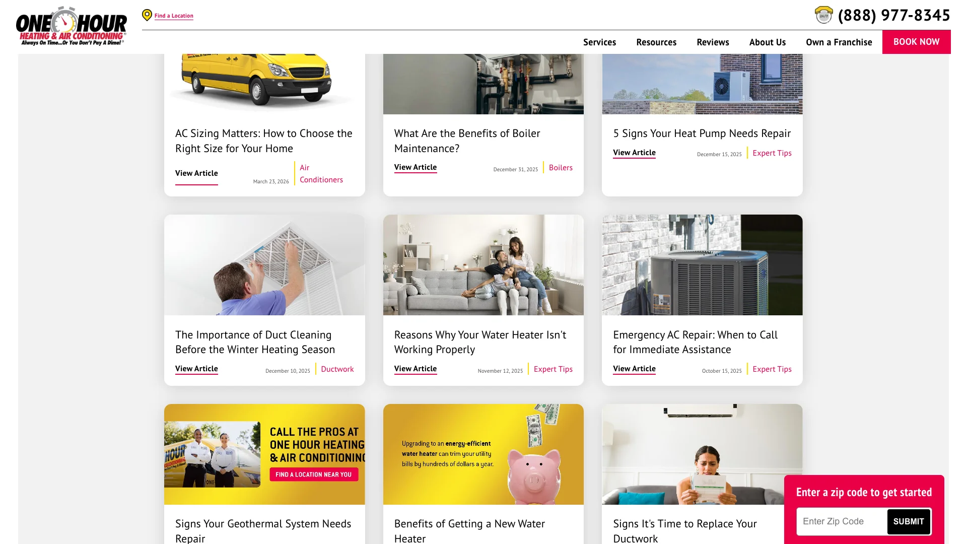One Hour Heating and Air expert tips blog page on how to reset an air conditioner showing the article body and the layout-shift score layout instability where content elements have shifted from their original positions as the page loads