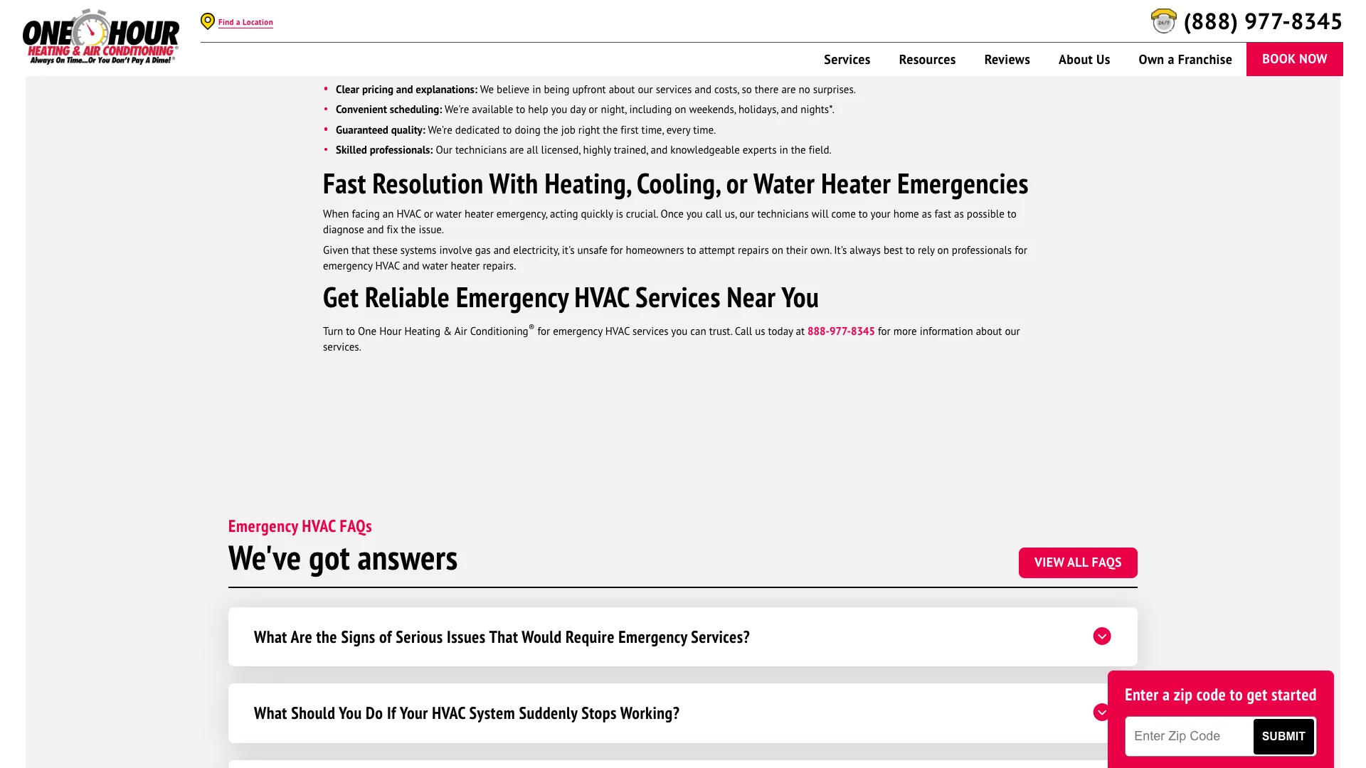 One Hour Heating and Air emergency HVAC service page showing the Google Reviews widget area where the 185725 aggregate review count is rendered along with the star rating and trust badges