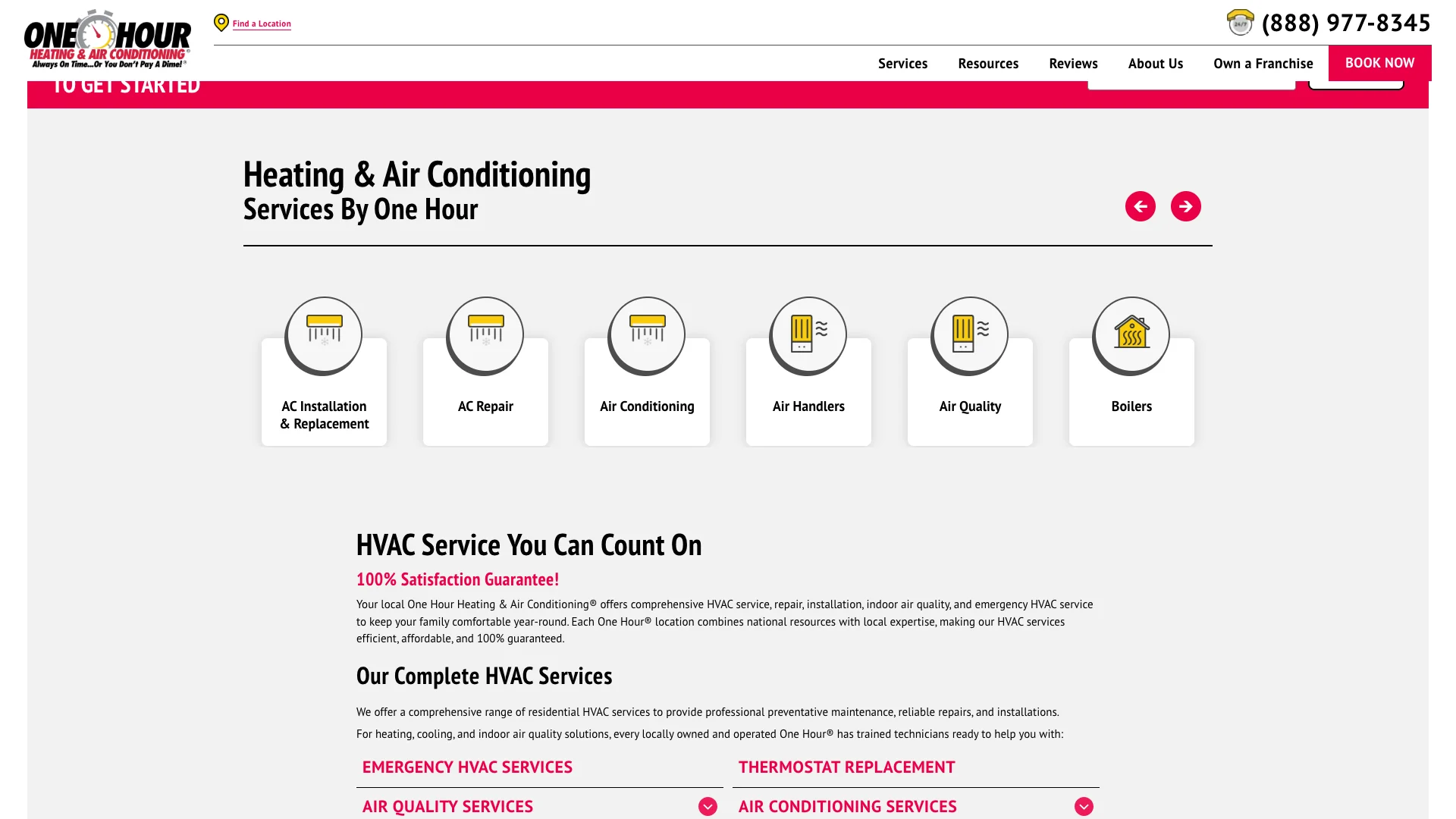 One Hour Heating and Air services overview page showing the comprehensive list of residential HVAC services, trust badges, and Google Reviews widget rendered alongside the service descriptions