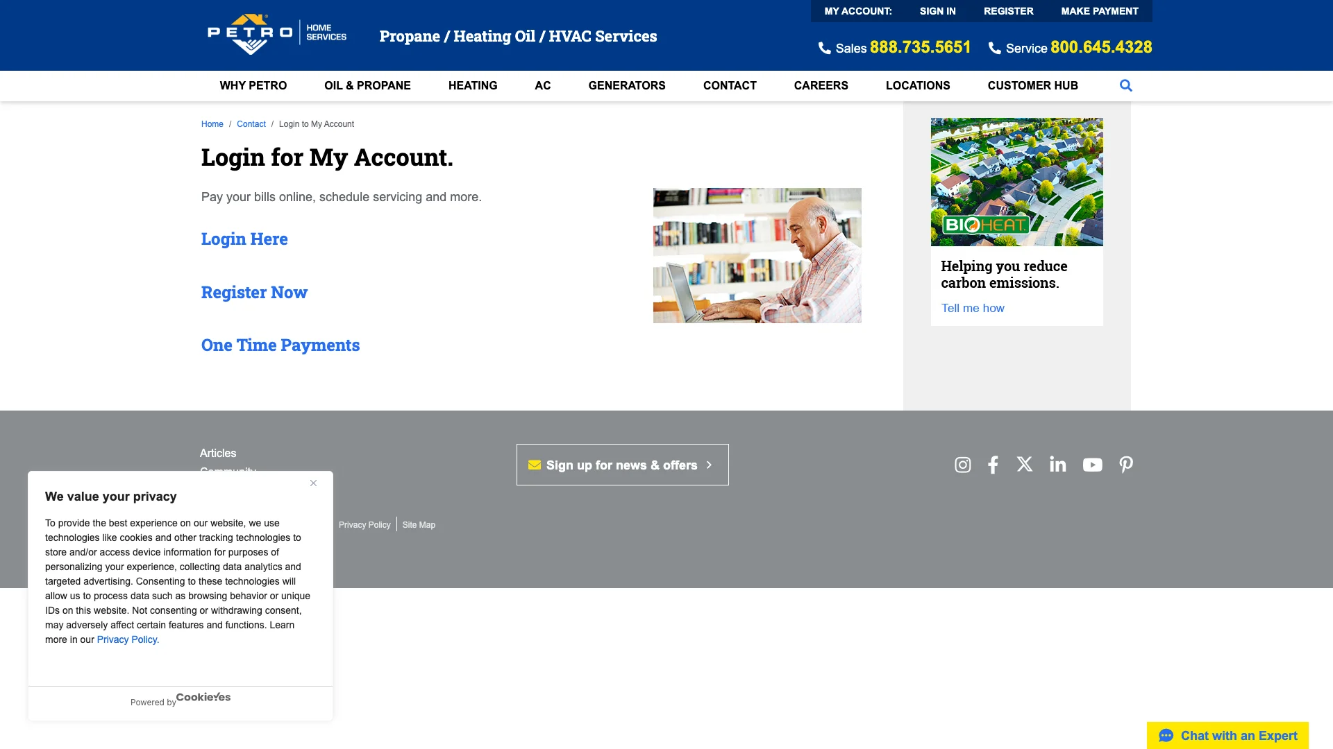 Petro Home Services customer account login page showing the login form interface, the standard site header and footer loaded along with the login form, and the heavy page weight that contributed to the low Google PageSpeed score