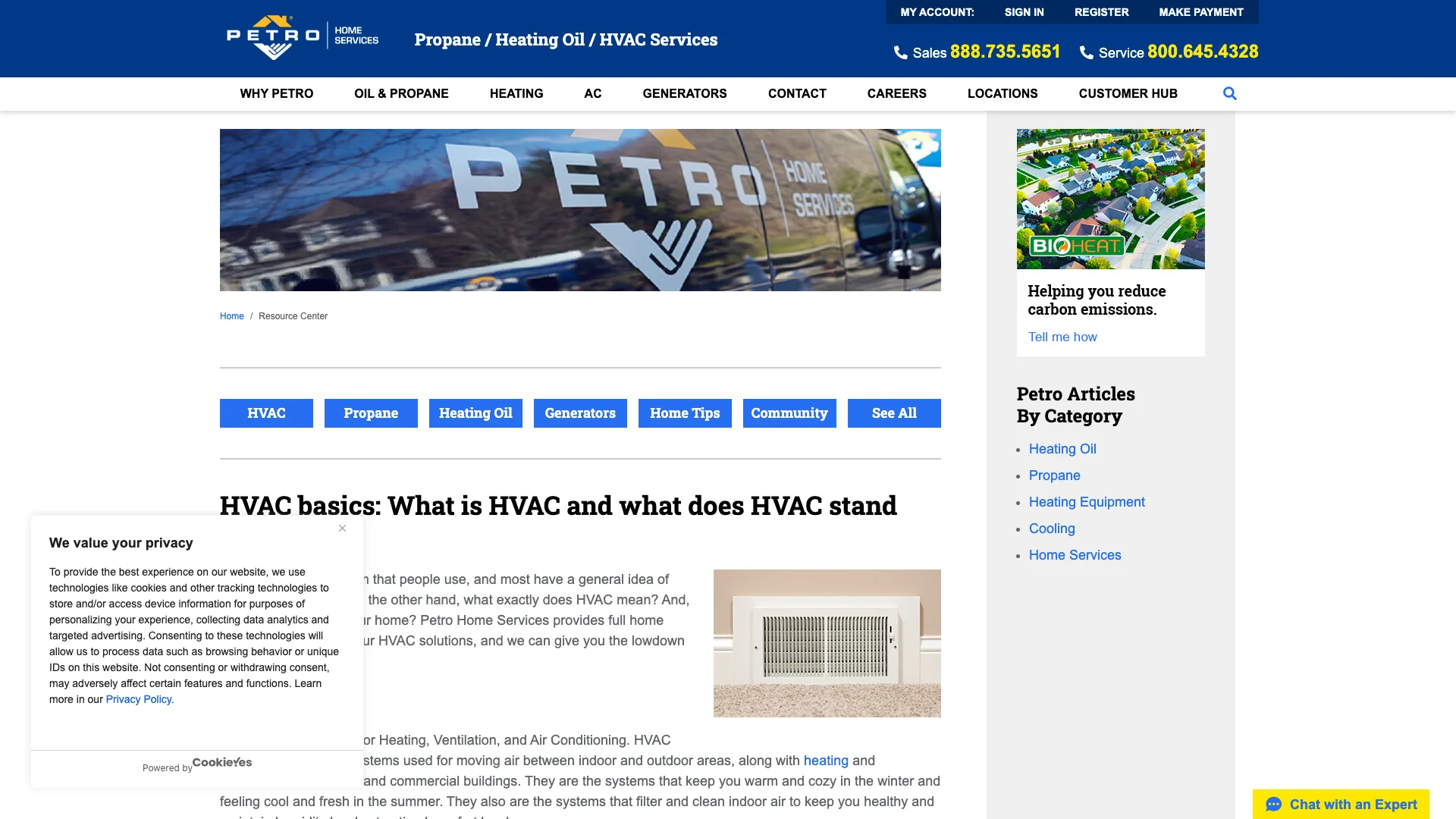 Petro Home Services what-is-hvac article showing the basic HVAC explainer content with internal linking to related articles, the navigation with brand CTAs, and the comprehensive content depth that earned the article its monthly traffic share