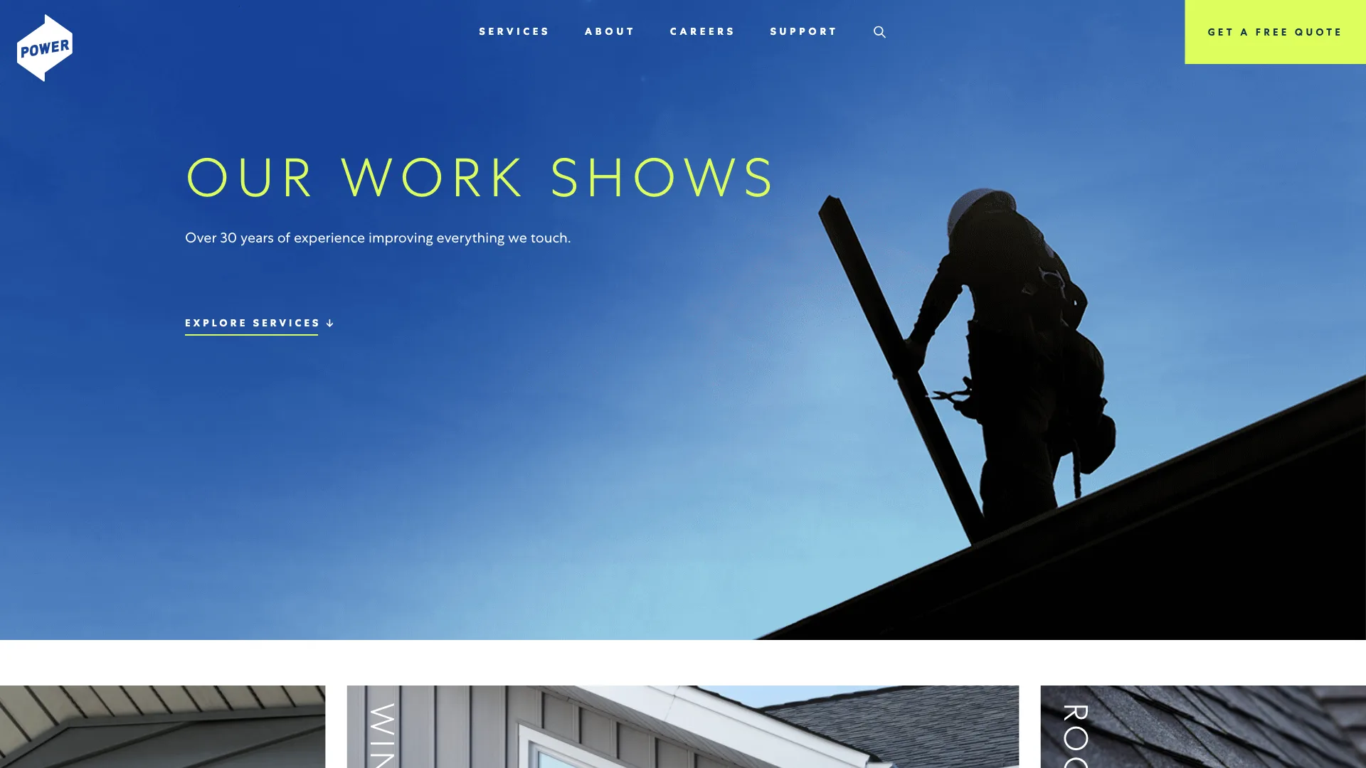 Power Home Remodeling homepage hero showing exterior remodeling brand with OUR WORK SHOWS headline and GET A FREE QUOTE CTA