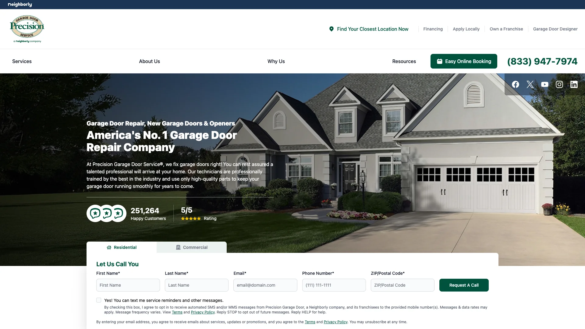 Precision Garage Door Service homepage hero showing garage door franchise branding