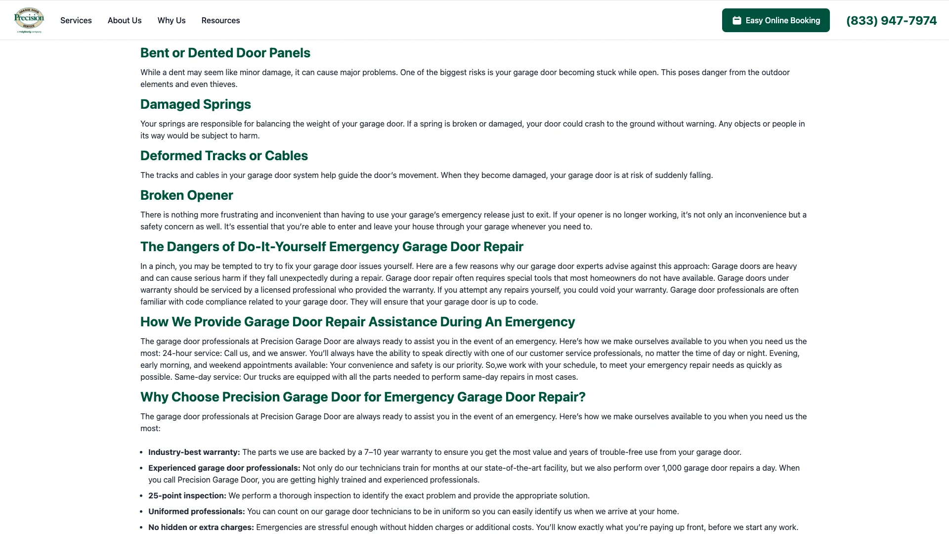 Precision Garage Door Service opener broken page showing the deep content layout with 3,571 words of garage door troubleshooting content and the dual form placement