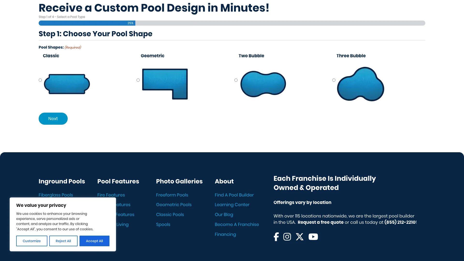 Premier Pools Design Your Pool page showing the pool design tool with the contact form visible allowing homeowners to submit their project details