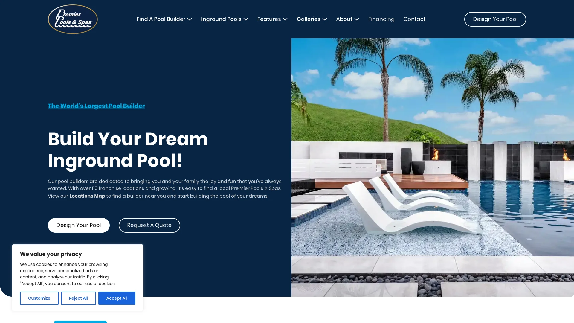 Premier Pools and Spas homepage hero showing pool building franchise branding