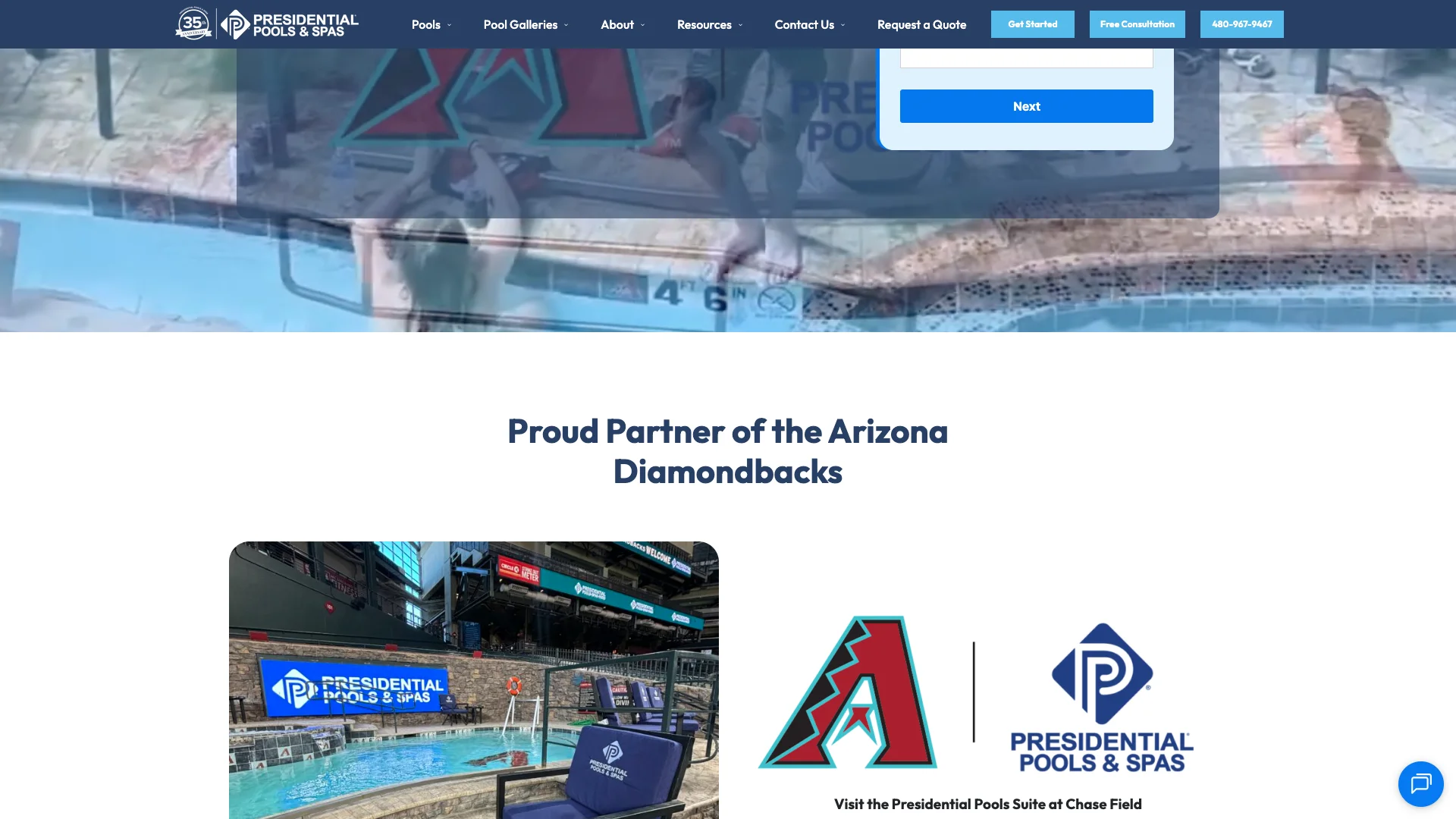 Presidential Pools Diamondbacks request info page showing the Request Your Free Design Consultation and Quote multi-step form with interest dropdown, email, phone number fields, and a Next button