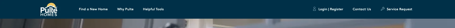 Pulte Homes navigation bar showing main links for New Homes, Build, Design, Mortgage, My Account, and a Find a New Home search interface with location input