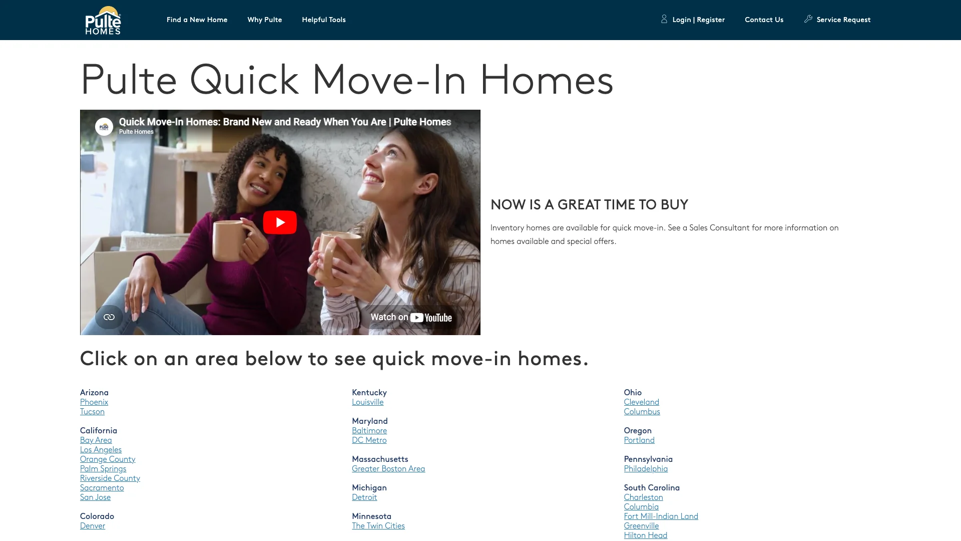 Pulte Homes Quick Move-In Homes page showing 'Pulte Quick Move-In Homes' heading, hero image of a modern home exterior, community listings with home prices and specifications, and a search interface for finding available inventory homes by location