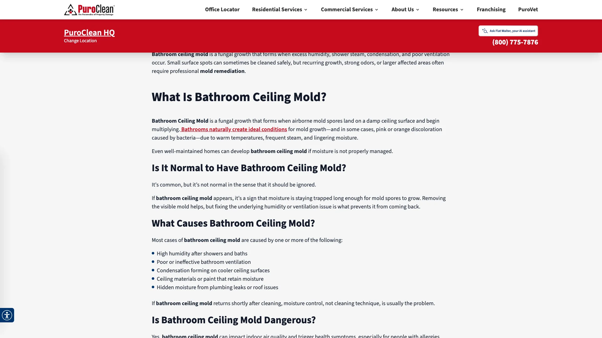 PuroClean mold on ceiling blog showing the detailed content about ceiling mold causes and remediation with no visible contact form on the page