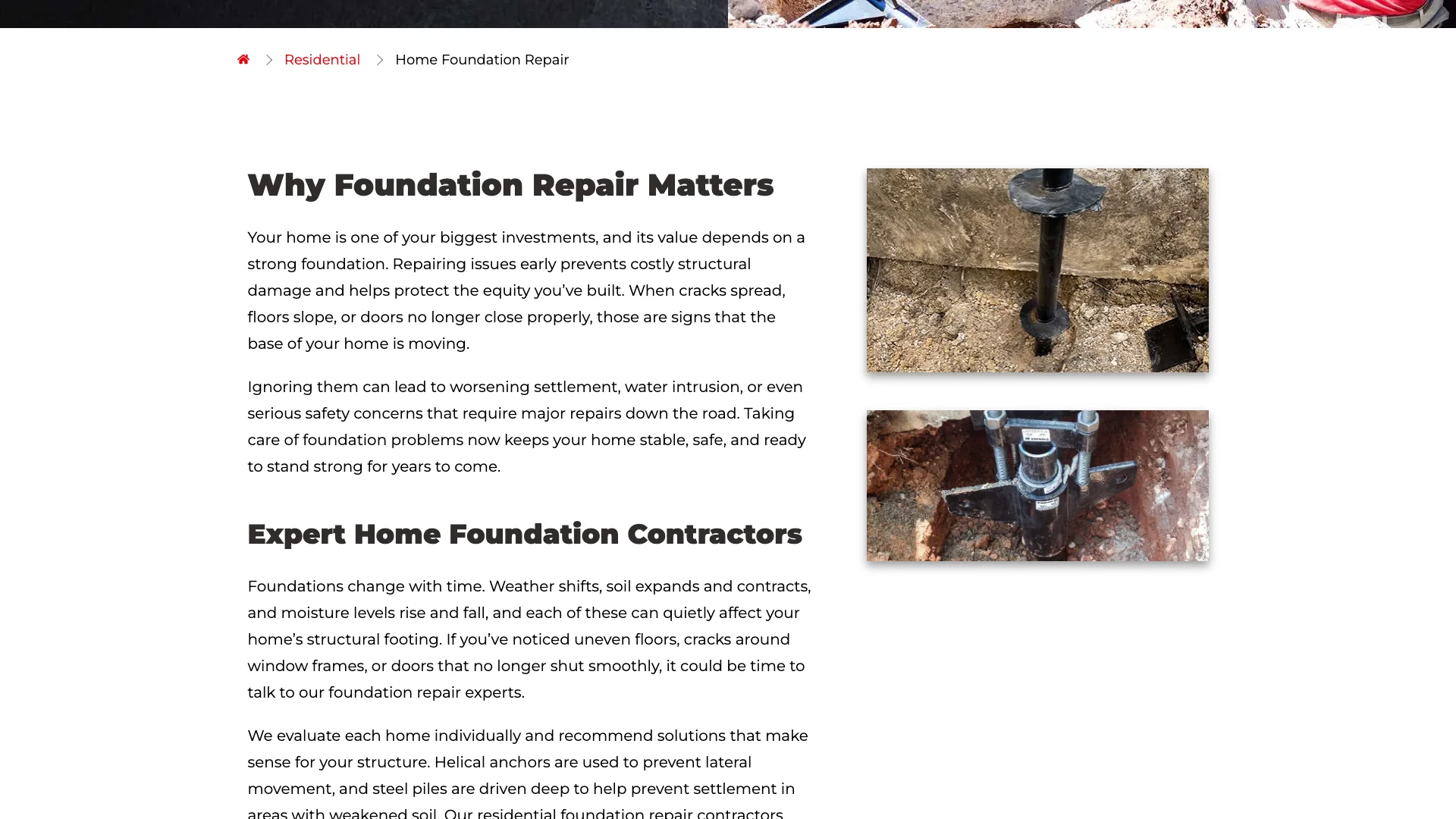 Ram Jack concrete lifting page demonstrating the layout shift issue where content visibly jumps around as images and widgets load into the page after the initial render