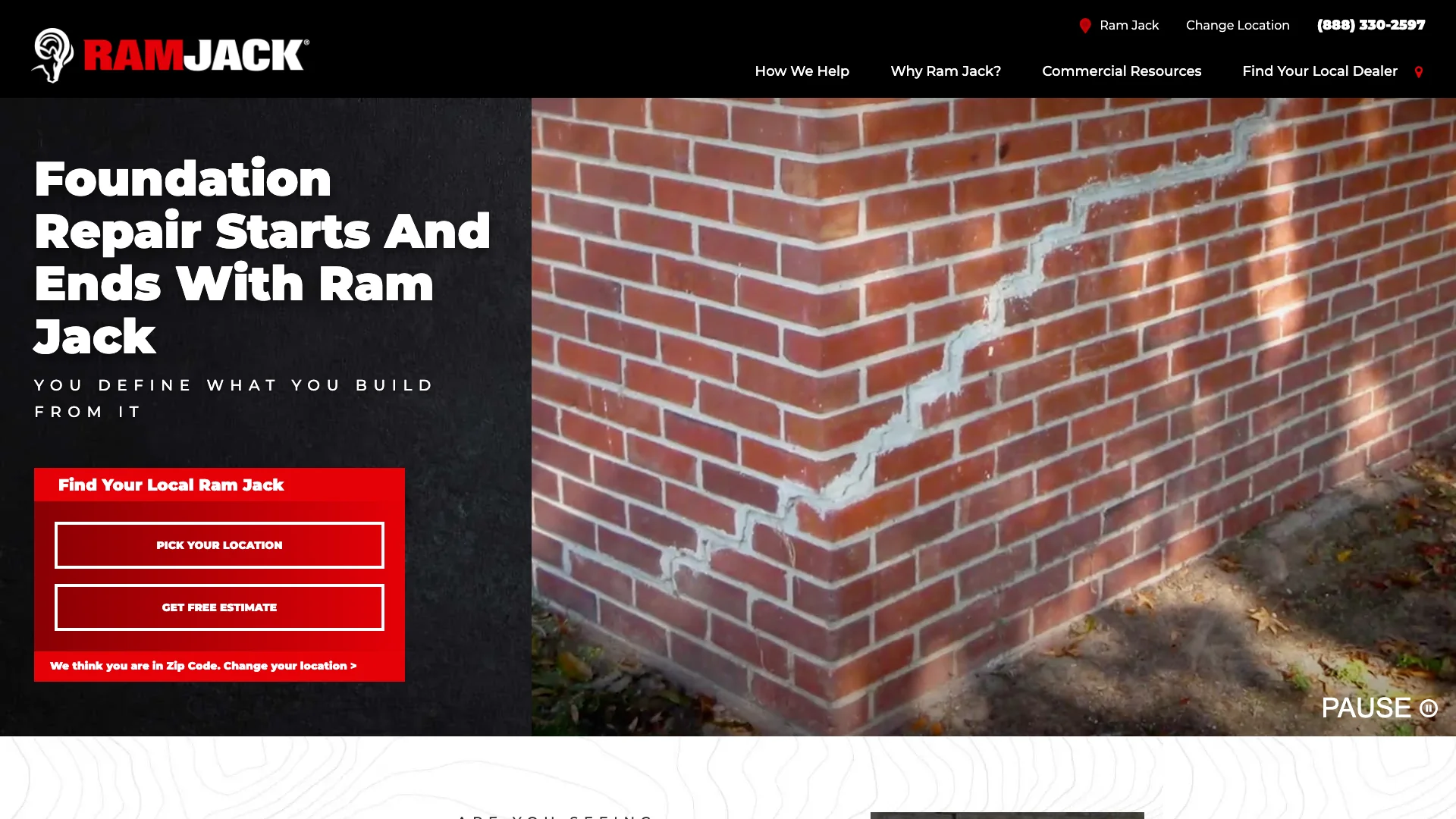 Ram Jack homepage hero showing foundation repair franchise branding