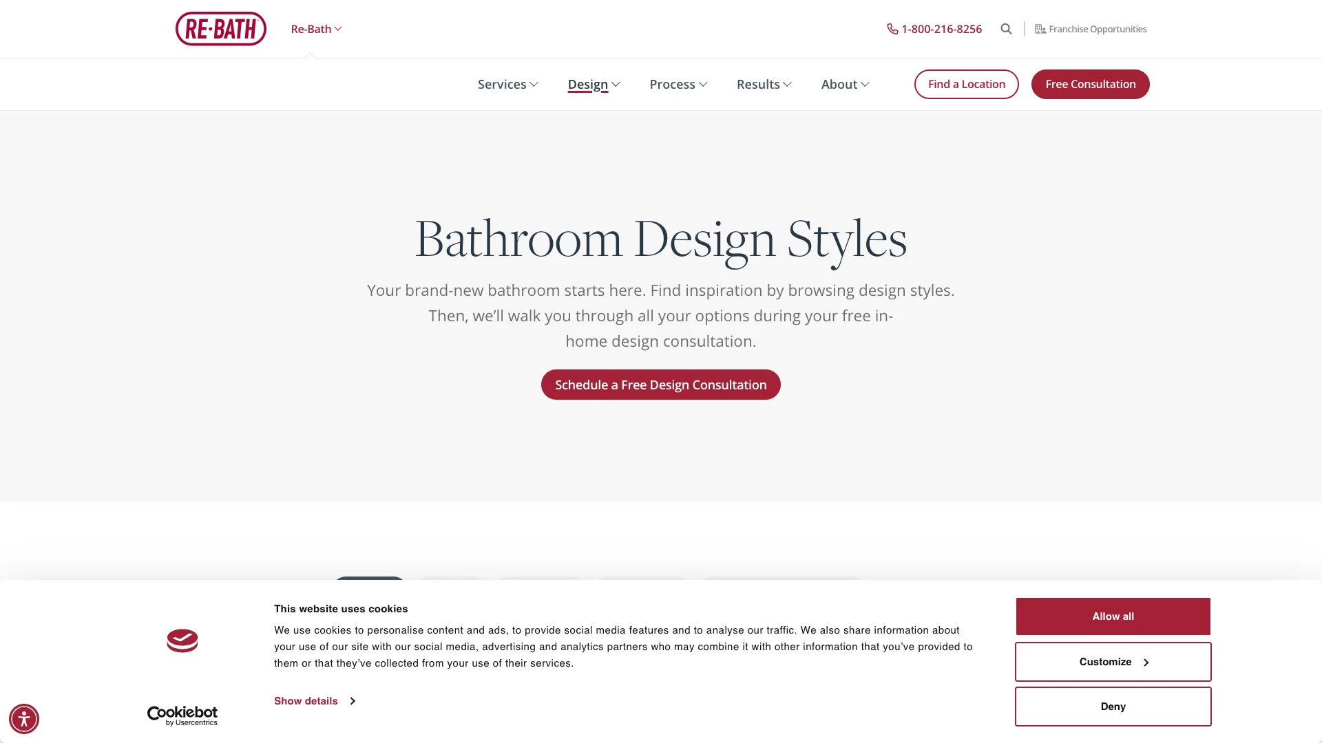 Re-Bath design styles page showing DuraBath product catalog with style filter buttons for Show All, Modern, Traditional, Transitional, and Designs by Jenny Marrs, with four bathroom product cards showing Brushed Linen Modern, White Subway Transitional, Teakwood Transitional, and White Picket Modern styles