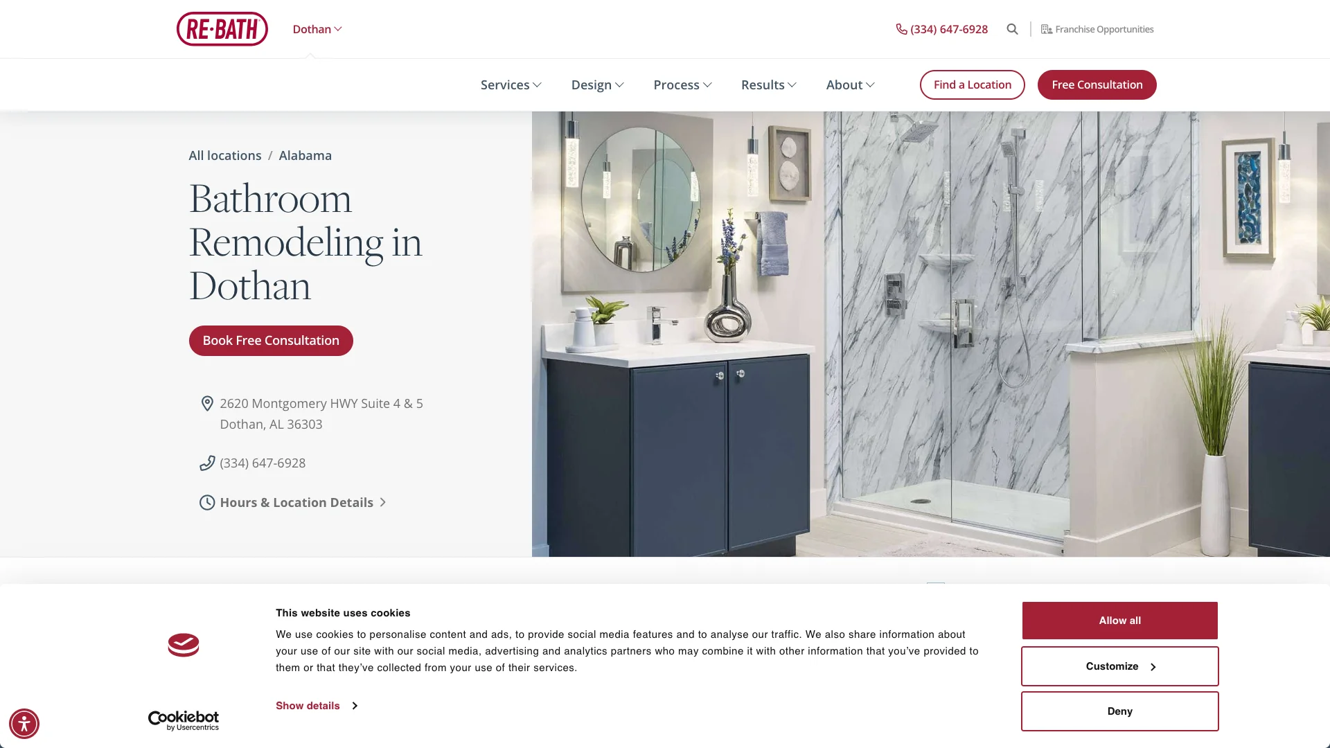 Re-Bath Dothan franchise location page showing local phone number (334) 647-6928, address at 2620 Montgomery HWY Suite 4 and 5, Dothan AL 36303, 'Book Free Consultation' CTA button, breadcrumb navigation showing All locations to Alabama, and bathroom remodel photography