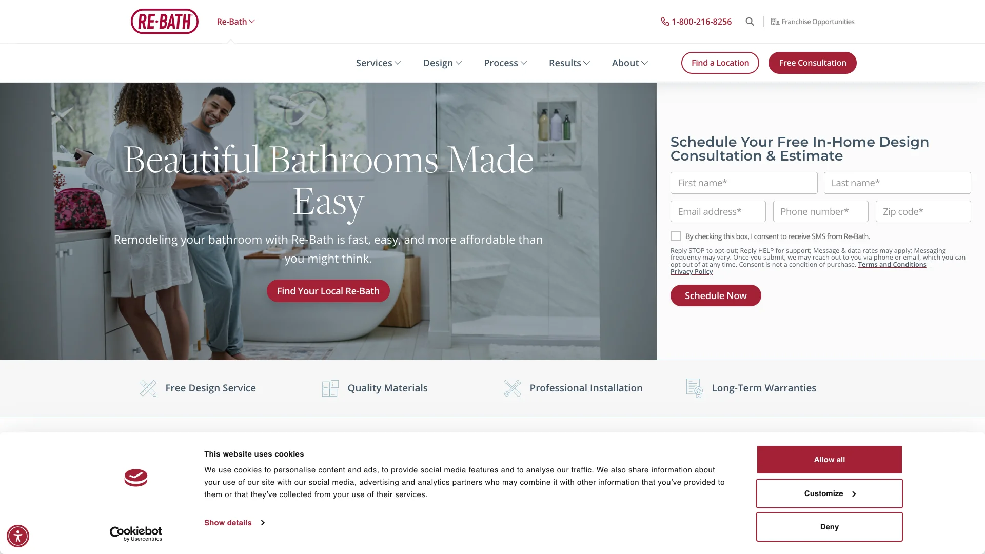 Re-Bath homepage layout with hero section above trust signals and promotional offers feeding the lead capture flow below.