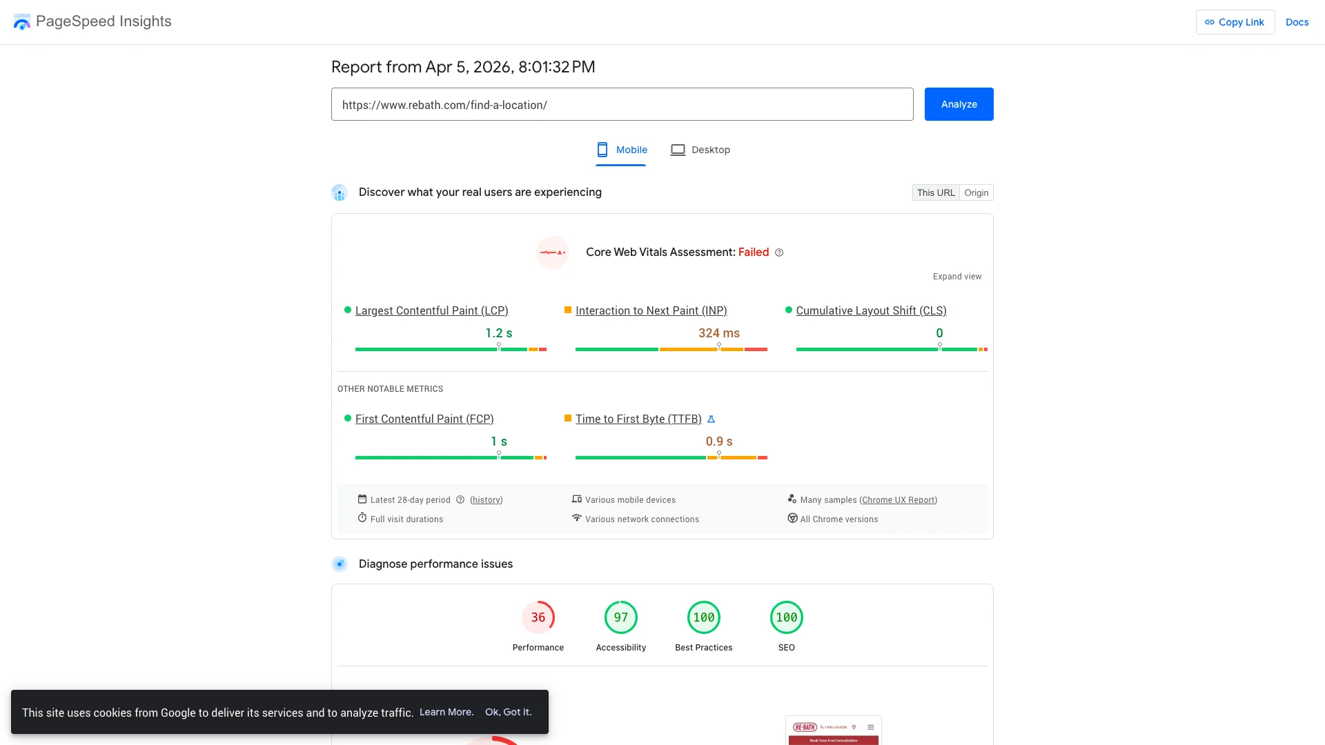 Google PageSpeed Insights Lighthouse lab results for rebath.com/find-a-location/ showing a performance score of approximately 36 out of 100 on mobile, with LCP of 27.1 seconds
