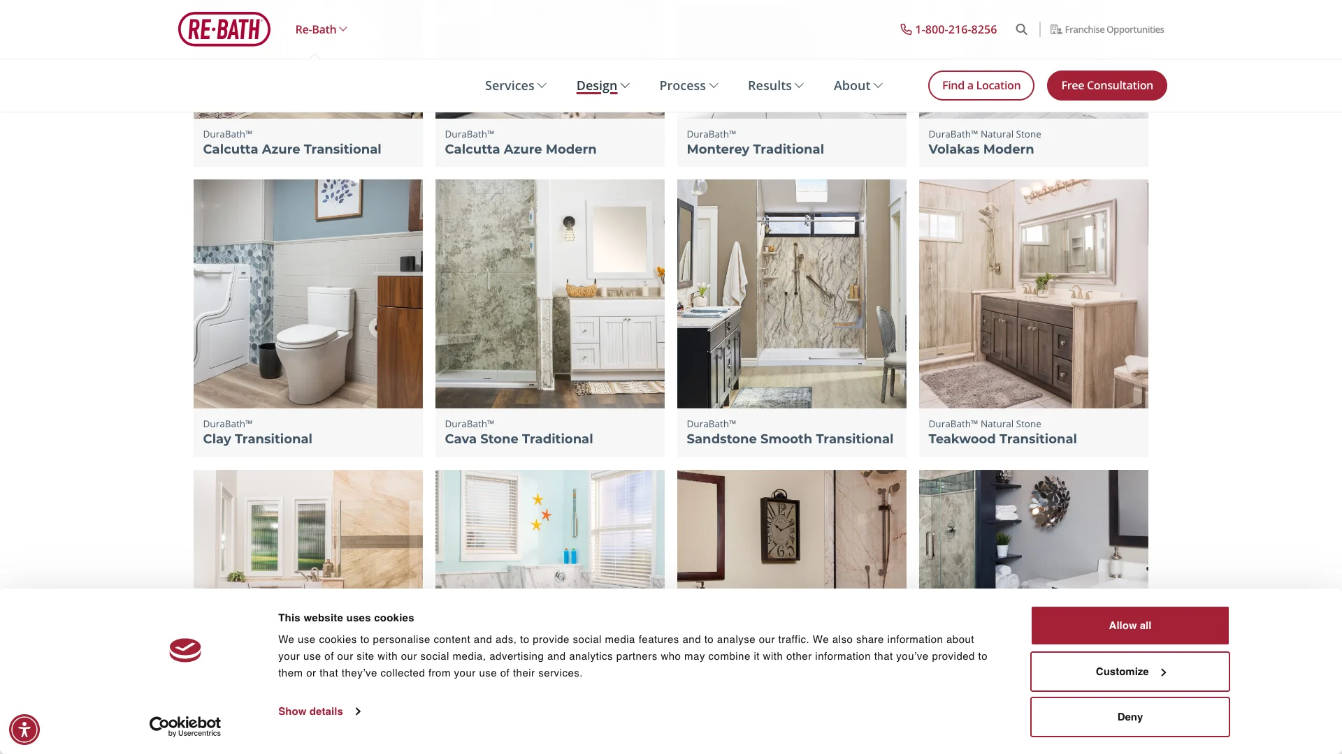 Re-Bath design/styles page scrolled to the content area showing no BBB badge, no visible review count, no trust badges, and no certifications — contrasting with the Dothan franchise page where these elements are present
