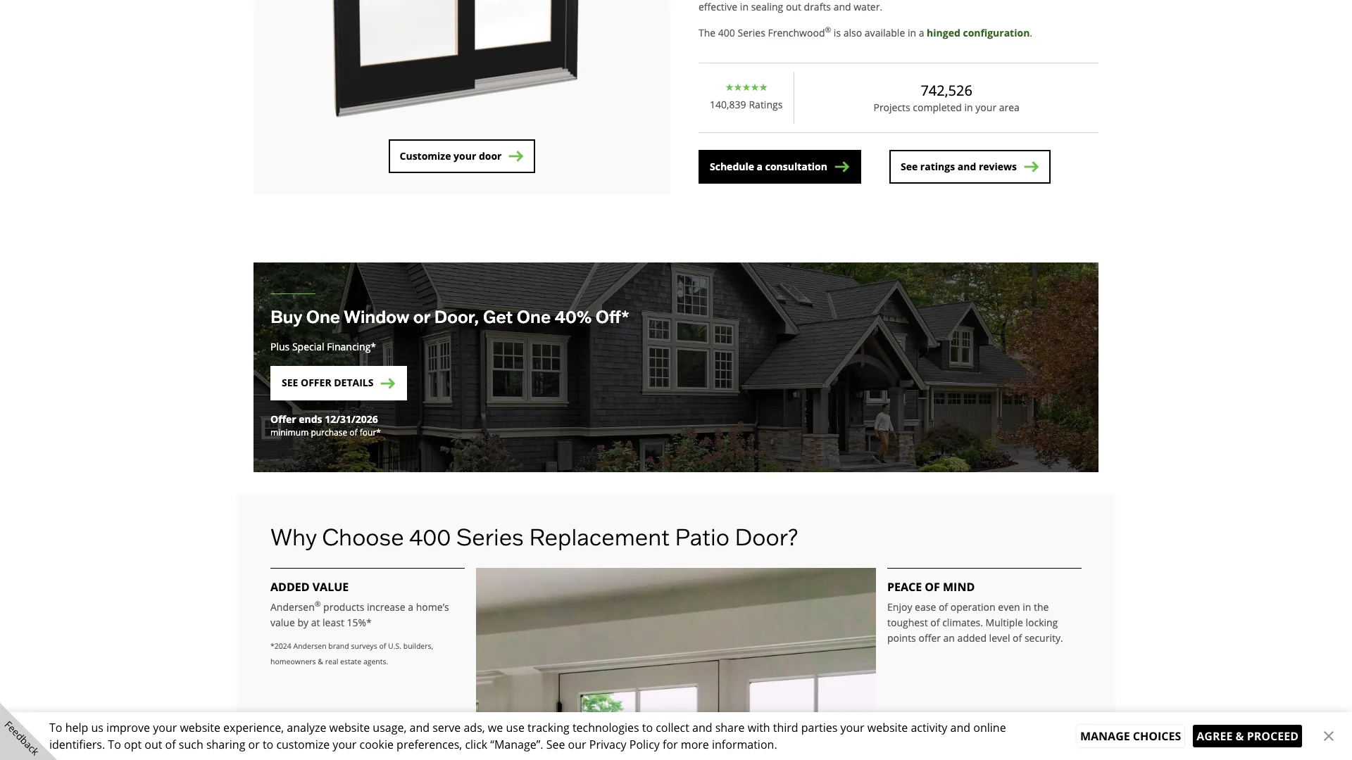 Renewal by Andersen entry ensemble door page showing the deep product content section with 4,915 words covering door specifications, installation details, and design options