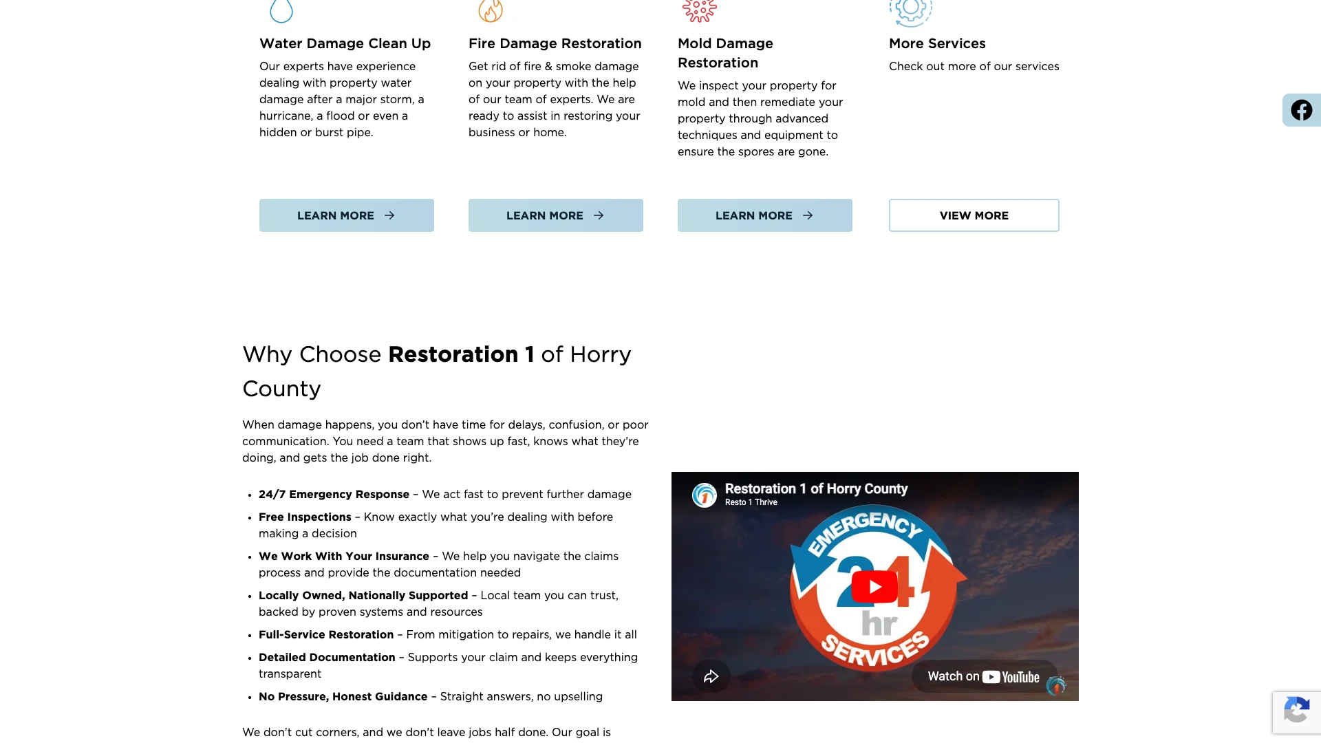 Restoration 1 Myrtle Beach location page showing the local service content, Google Reviews widget, trust badges, and the two contact forms for the Myrtle Beach market