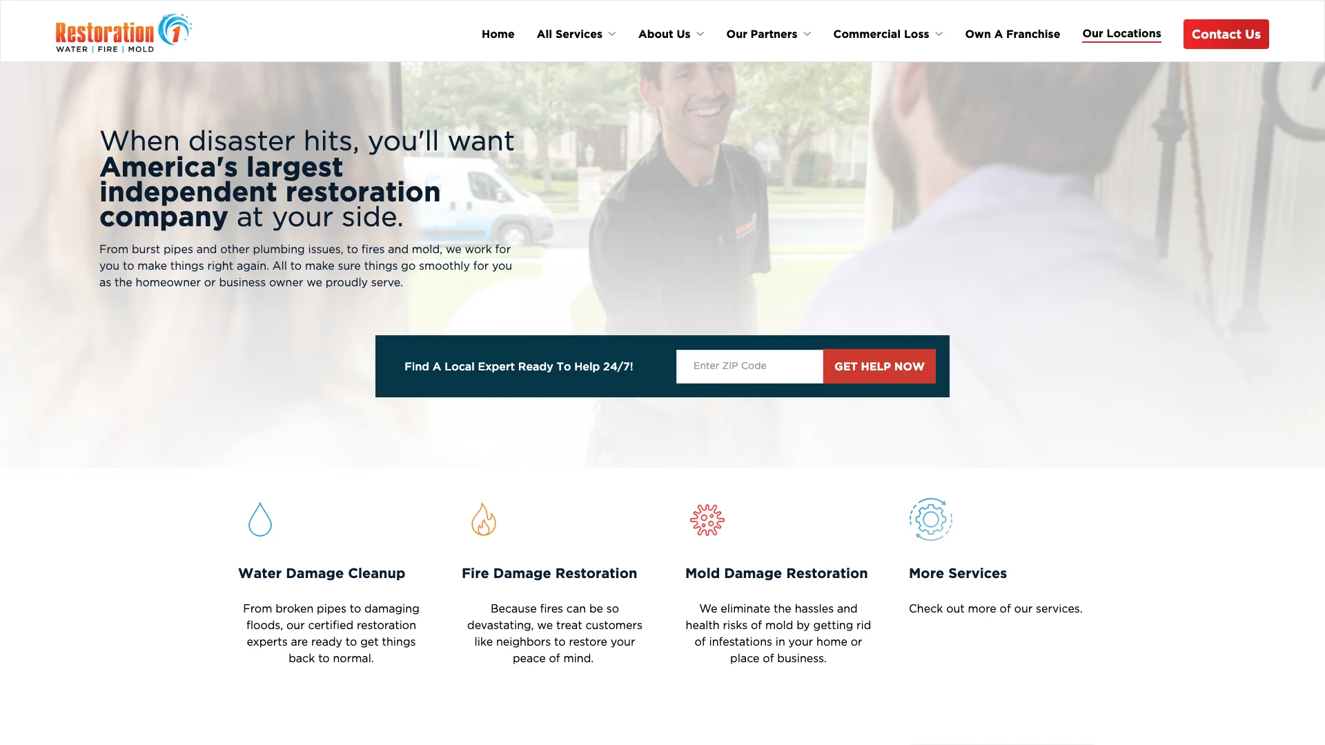 Restoration 1 homepage hero showing restoration franchise branding