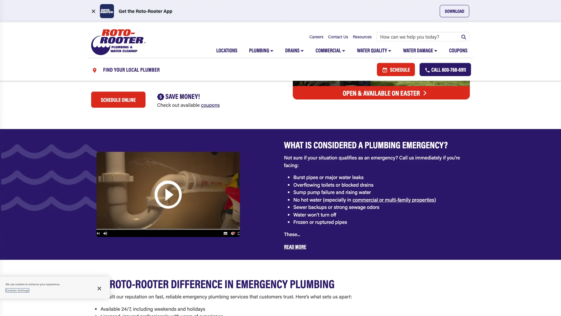 Roto-Rooter emergency plumber page showing '24 Hour Emergency Plumbing' heading, service description text, a 'Schedule Online' button, phone number 800-768-6911, and a secondary navigation bar with Schedule and Call CTAs but no visible lead capture form anywhere on the page