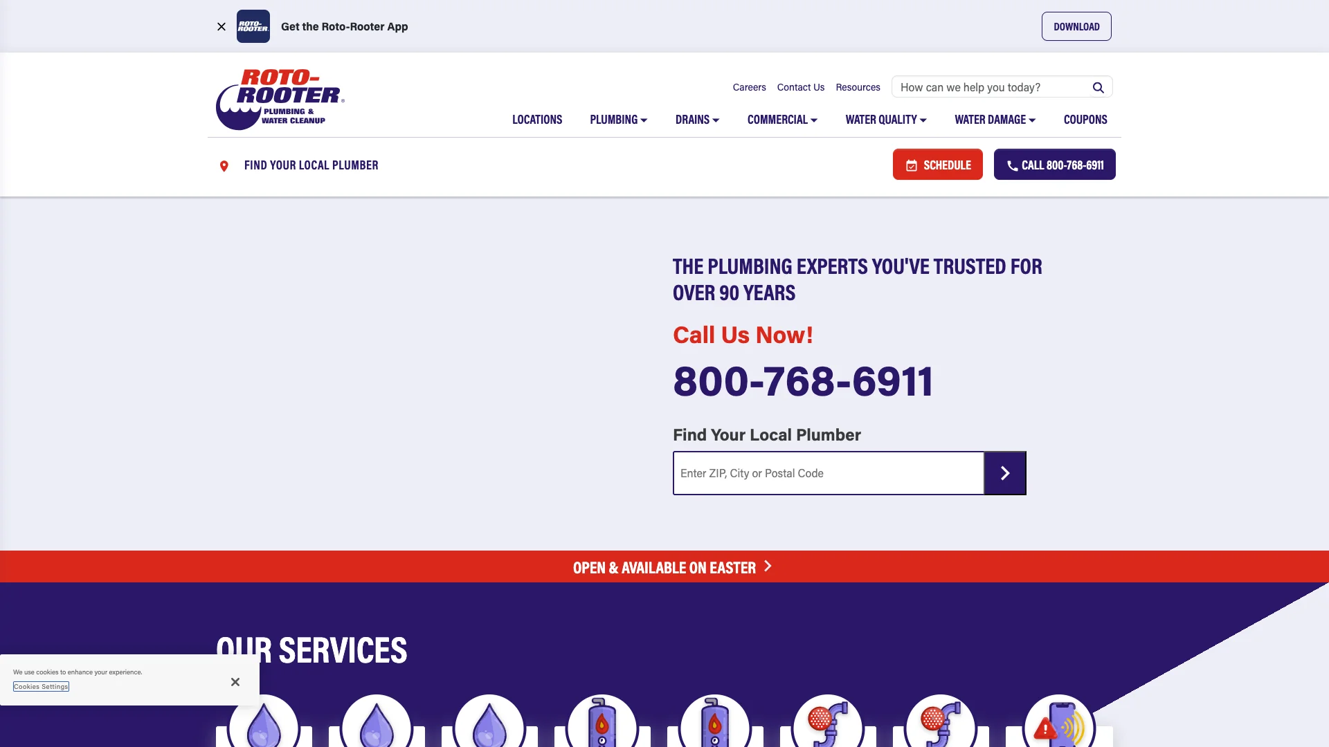 Roto-Rooter homepage hero showing plumbing service branding