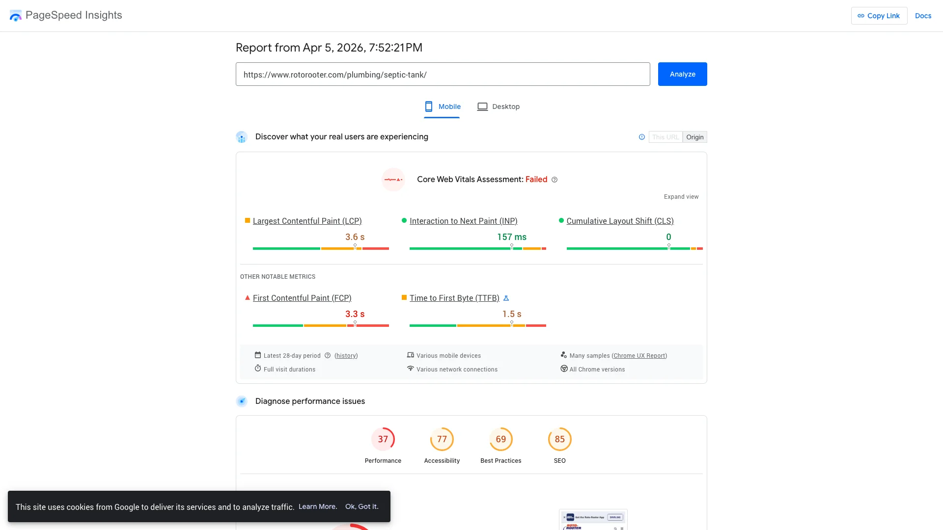 Google PageSpeed Insights Lighthouse lab results for rotorooter.com/plumbing/septic-tank/ showing a performance score of approximately 37 out of 100 on mobile, with LCP of 9.4 seconds and CLS of 0.000