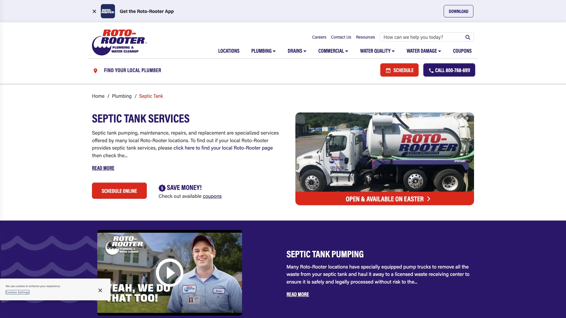 Roto-Rooter septic tank services page showing 'Septic Tank Services' heading, brief service description, 'Schedule Online' CTA button, and the consistent navigation with Locations, Plumbing, Drains, Commercial, Water Quality, Water Damage links and the 800-768-6911 phone number