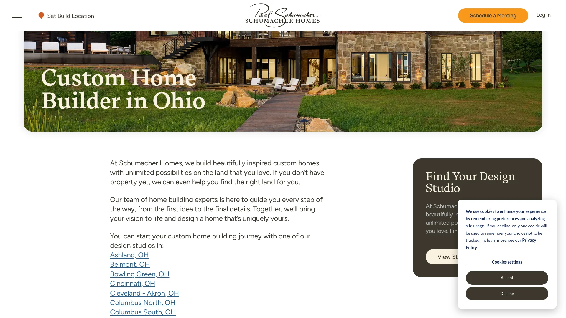 Schumacher Homes page showing the Google Reviews widget rendering with star ratings and review content alongside the custom home building service information