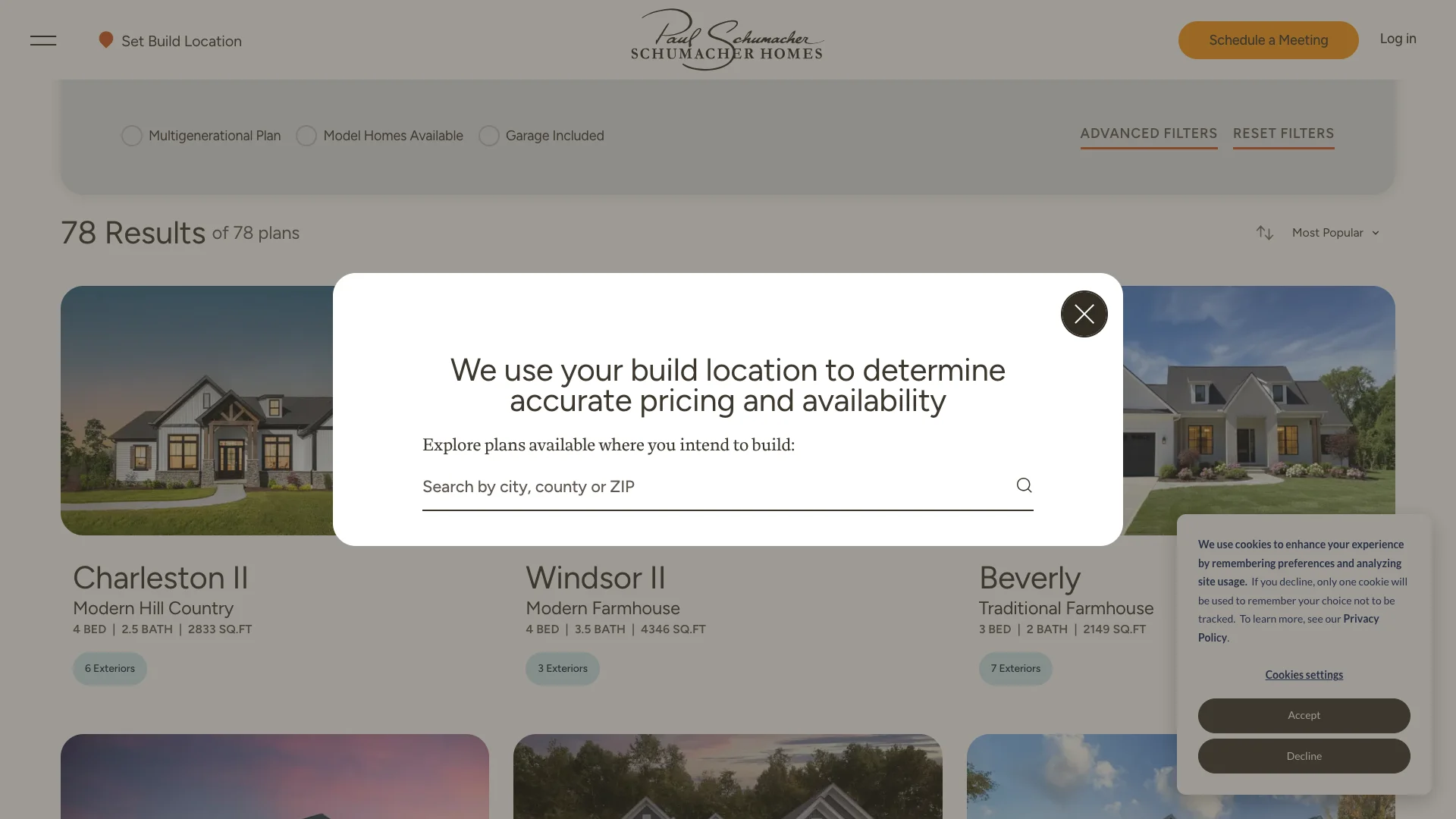 Schumacher Homes model homes page showing the showcase of available model home designs with Google Reviews visible and the conversion forms
