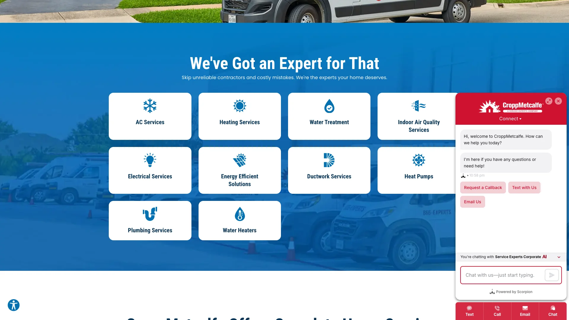 Service Experts services overview page showing the service categories and navigation structure that the franchise presents to its customers, captured through a regular browser that the bot-detection system does not block
