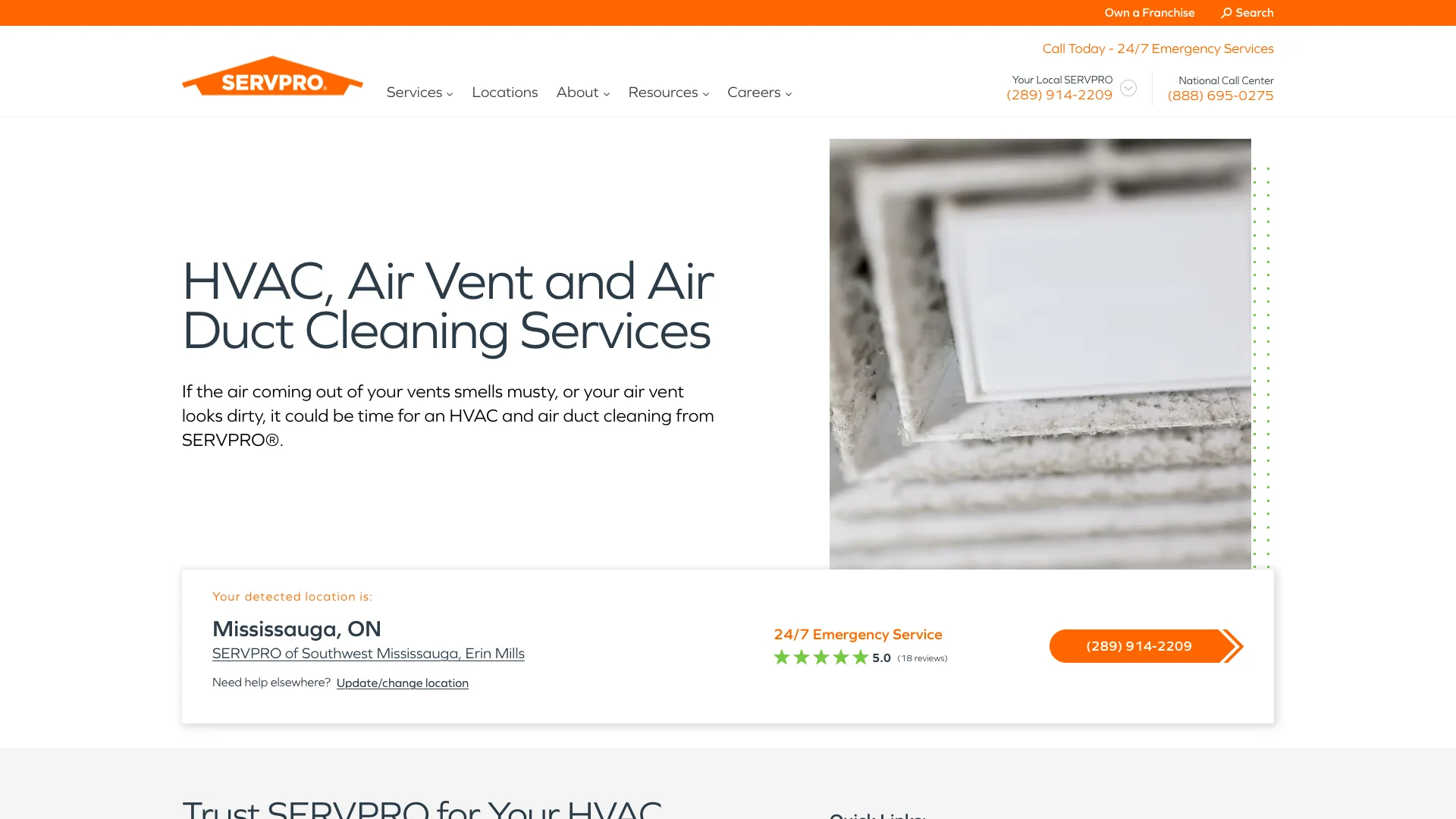 SERVPRO air duct cleaning page showing service process information, trust badges, before and after imagery, and detailed explanation of the air duct cleaning methodology