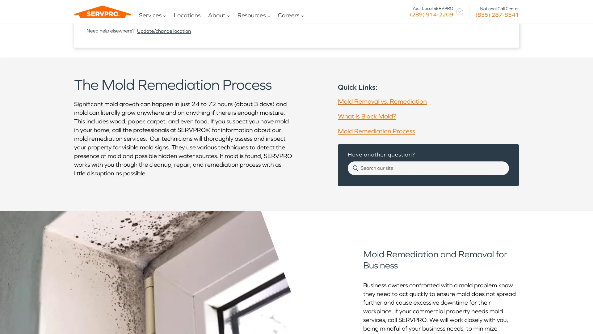 SERVPRO mold remediation page showing service details and process information without any trust badges, review widgets, or third-party certification badges visible on the page