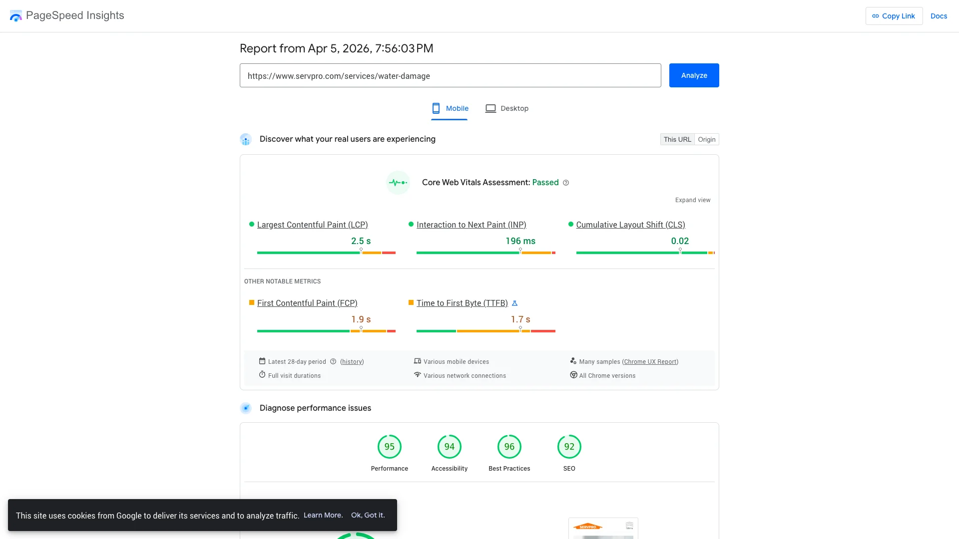 Google PageSpeed Insights results for servpro.com/services/water-damage on mobile — scores shown are from the April 2026 recheck; original March 2026 audit recorded performance scores of 50 to 66 across the three service pages tested