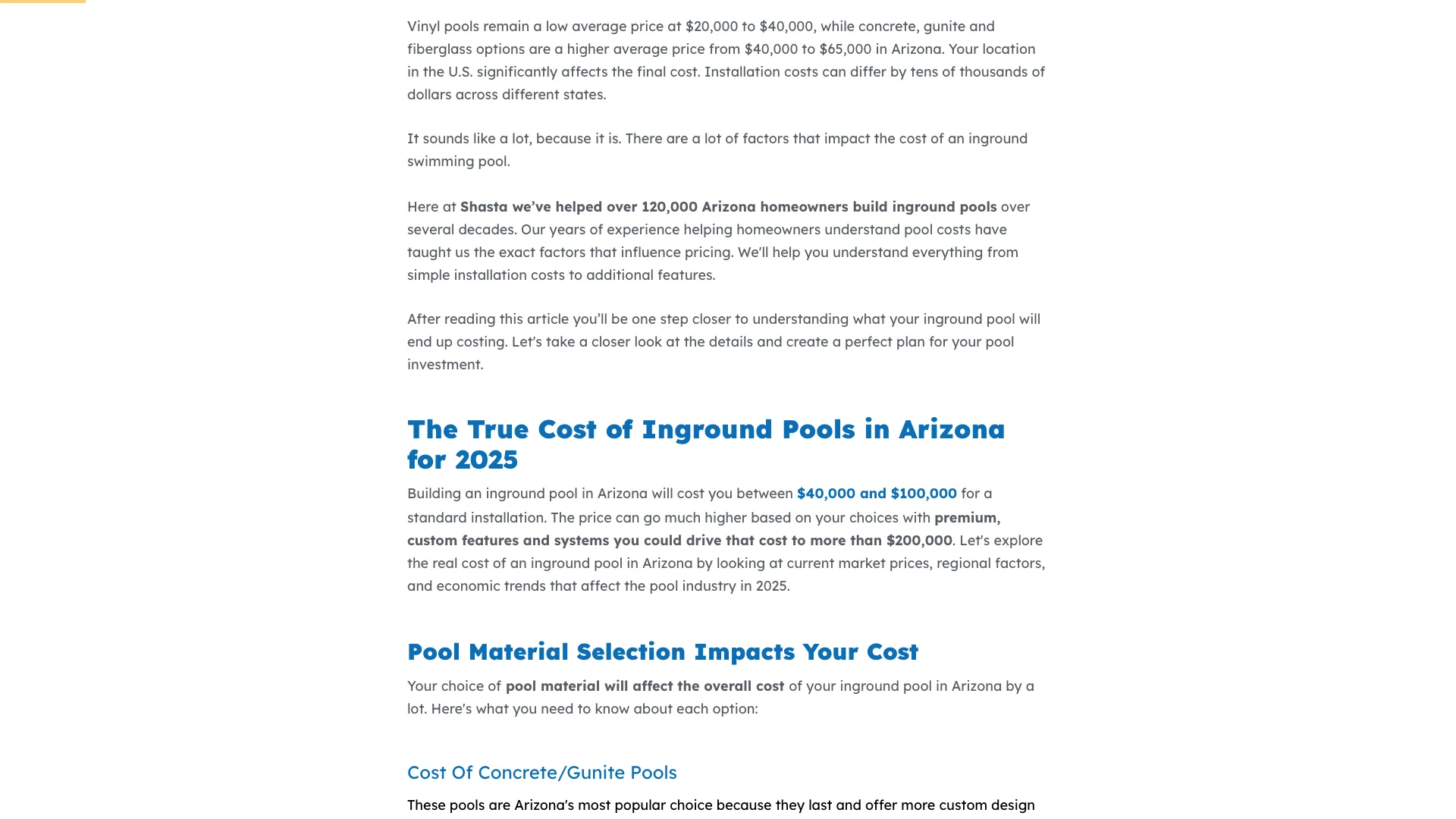 Shasta Pools saltwater pool blog showing long-form content about saltwater pool systems with the single contact form visible on the page