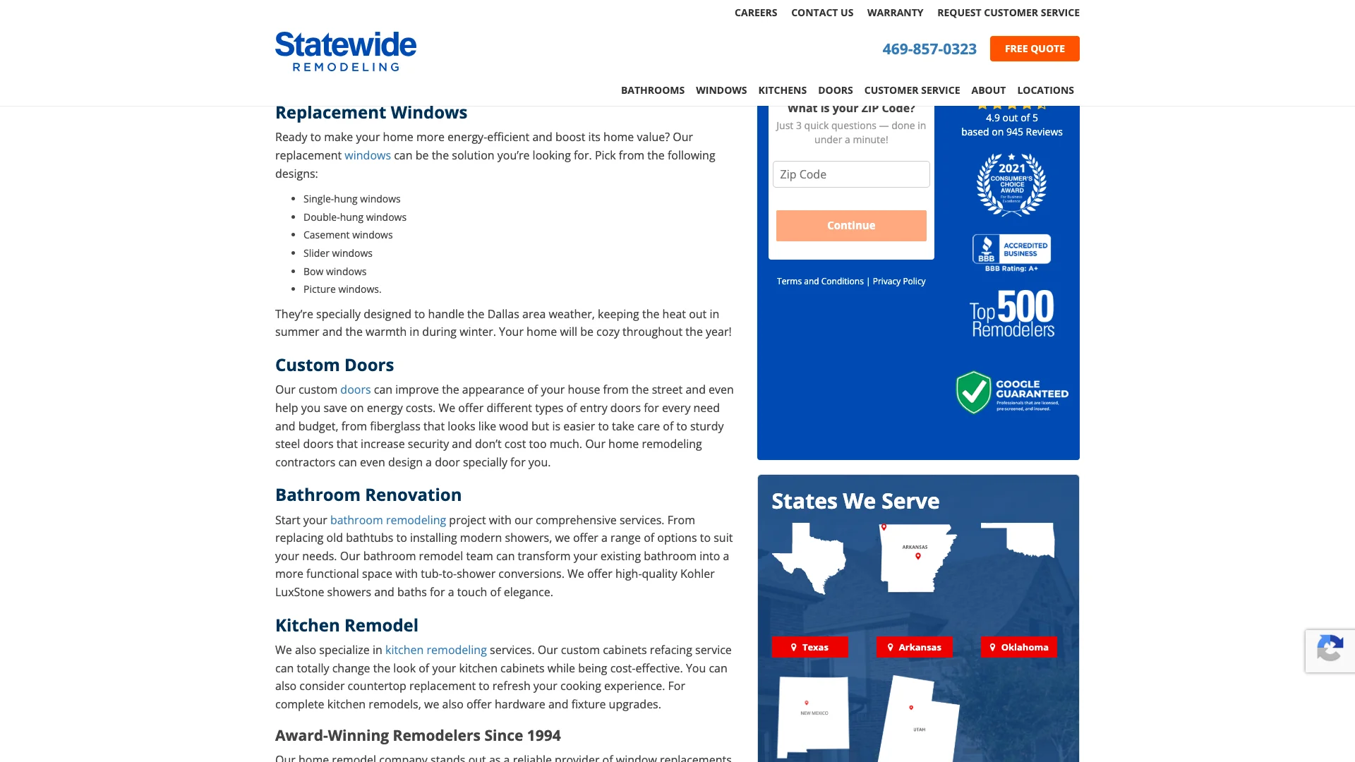 Statewide Remodeling Dallas location page contact form showing the 7-field form with name, email, phone, address, spam check, message, and service selection fields
