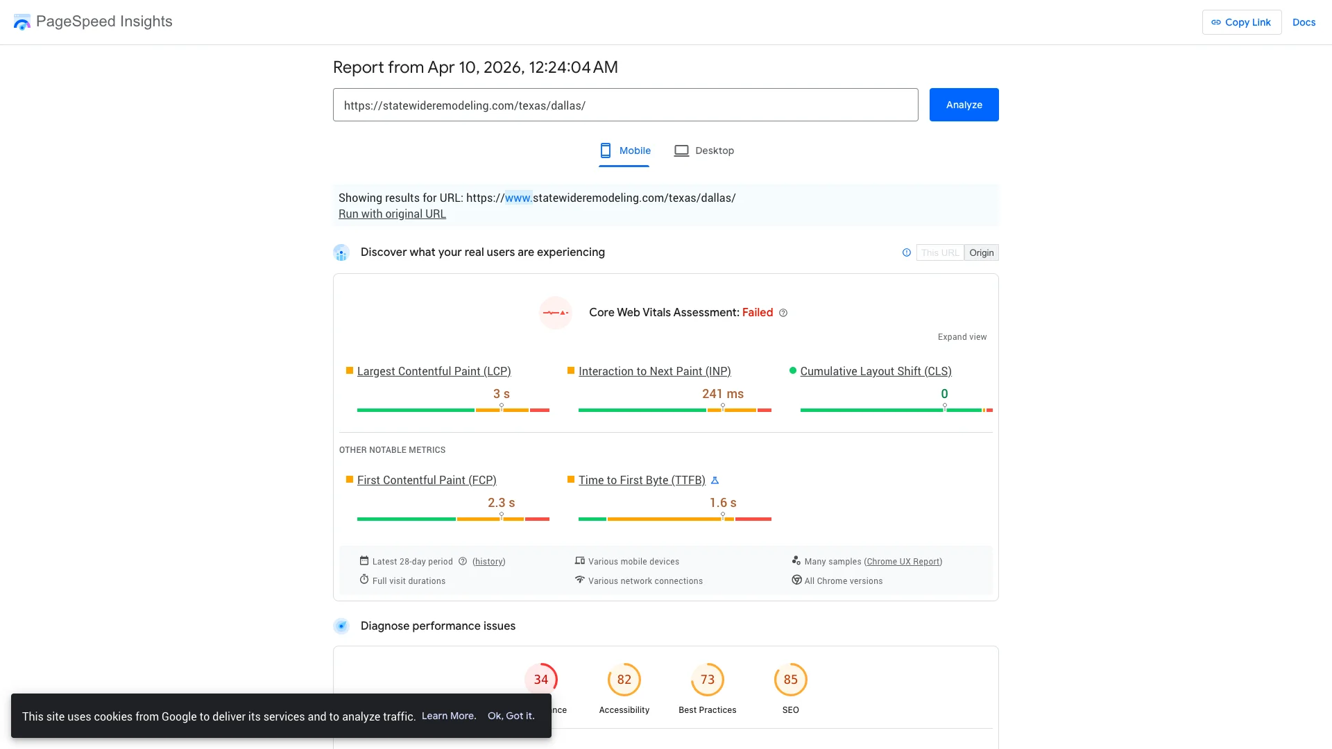 Google PageSpeed Insights mobile lab results for Statewide Remodeling Dallas TX location page showing a score of 47 out of 100