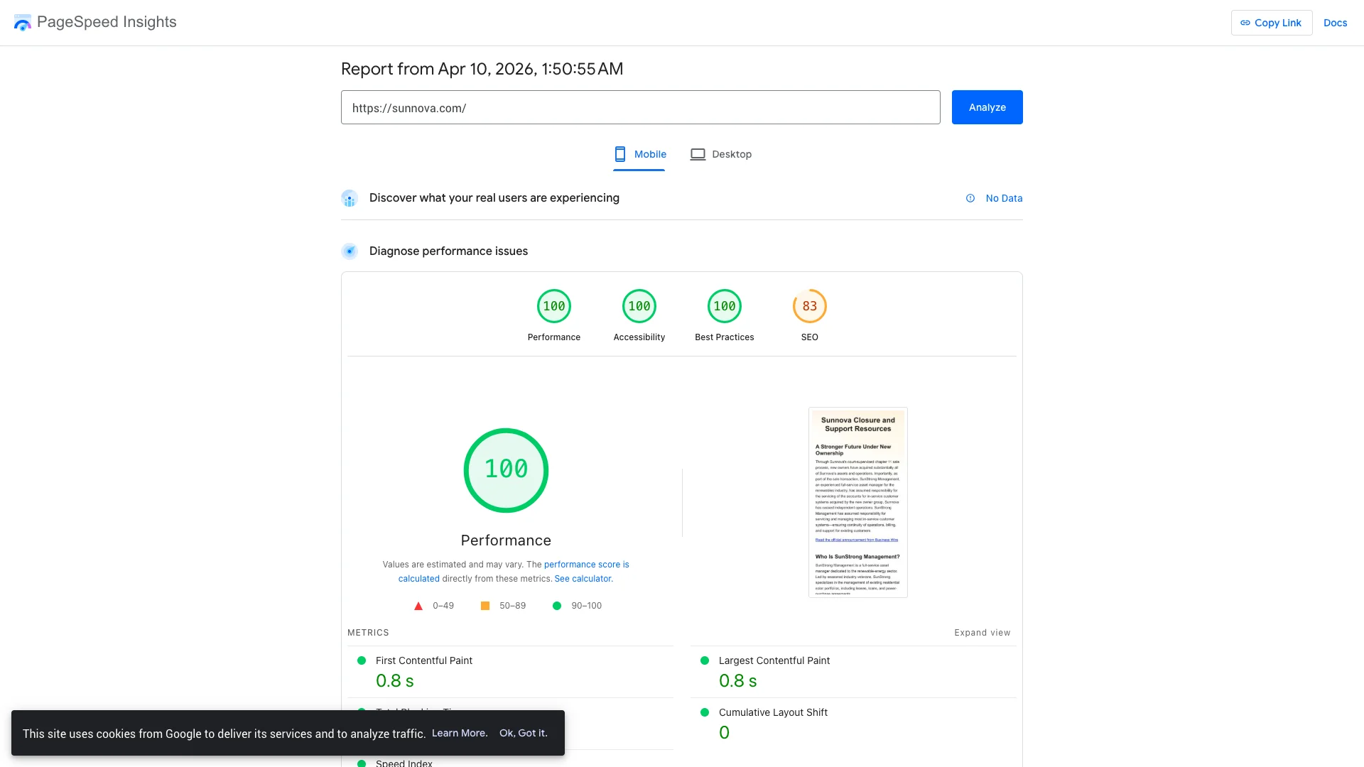 Google PageSpeed Insights mobile lab results for Sunnova homebuilders subdomain showing a perfect performance score of 100 out of 100