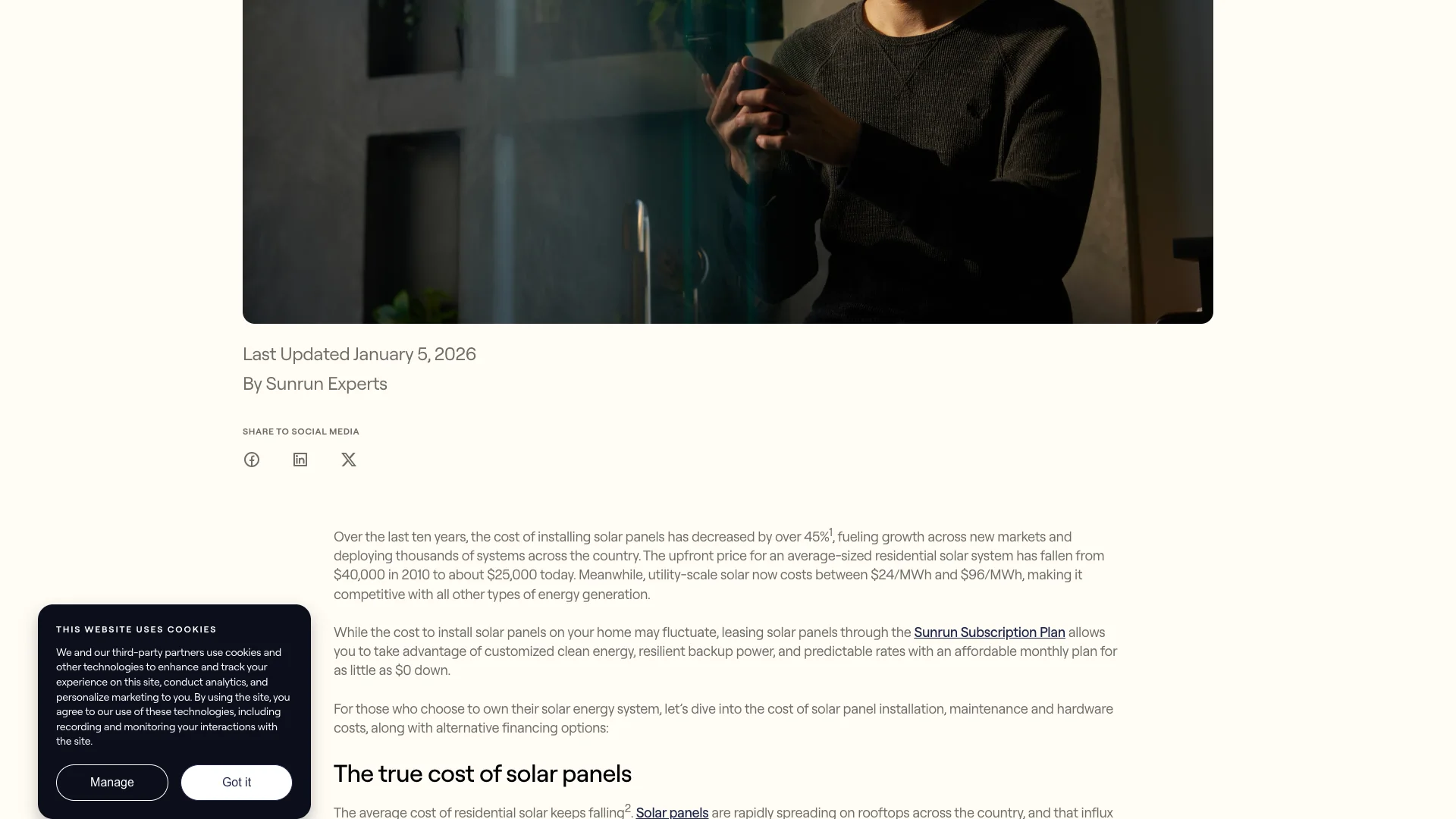 Sunrun cost of solar page showing the pricing and financing content with the inline lead capture form asking for first name, last name, email, zip code, phone, and homeownership status