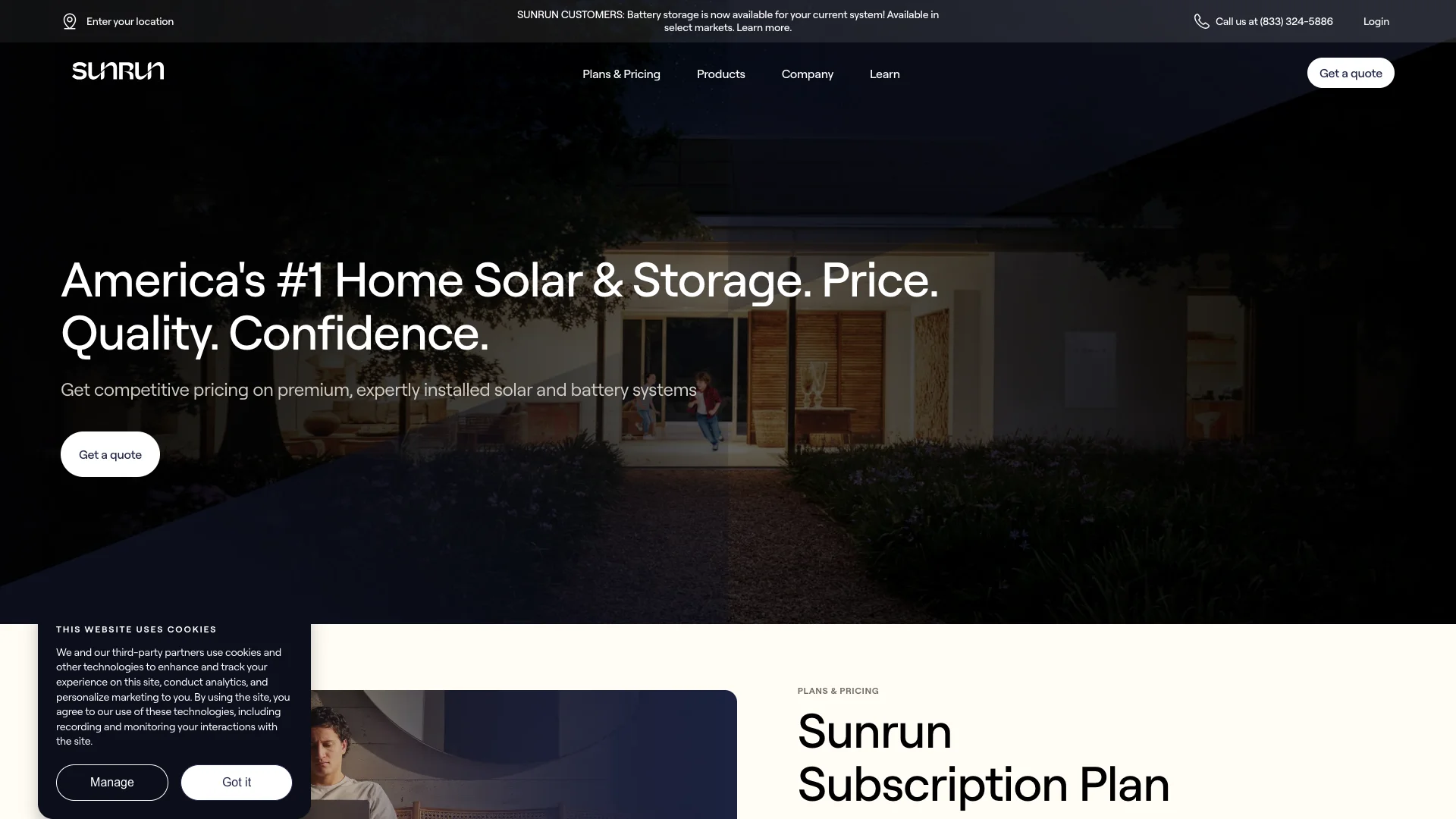 Sunrun homepage hero showing solar energy service branding