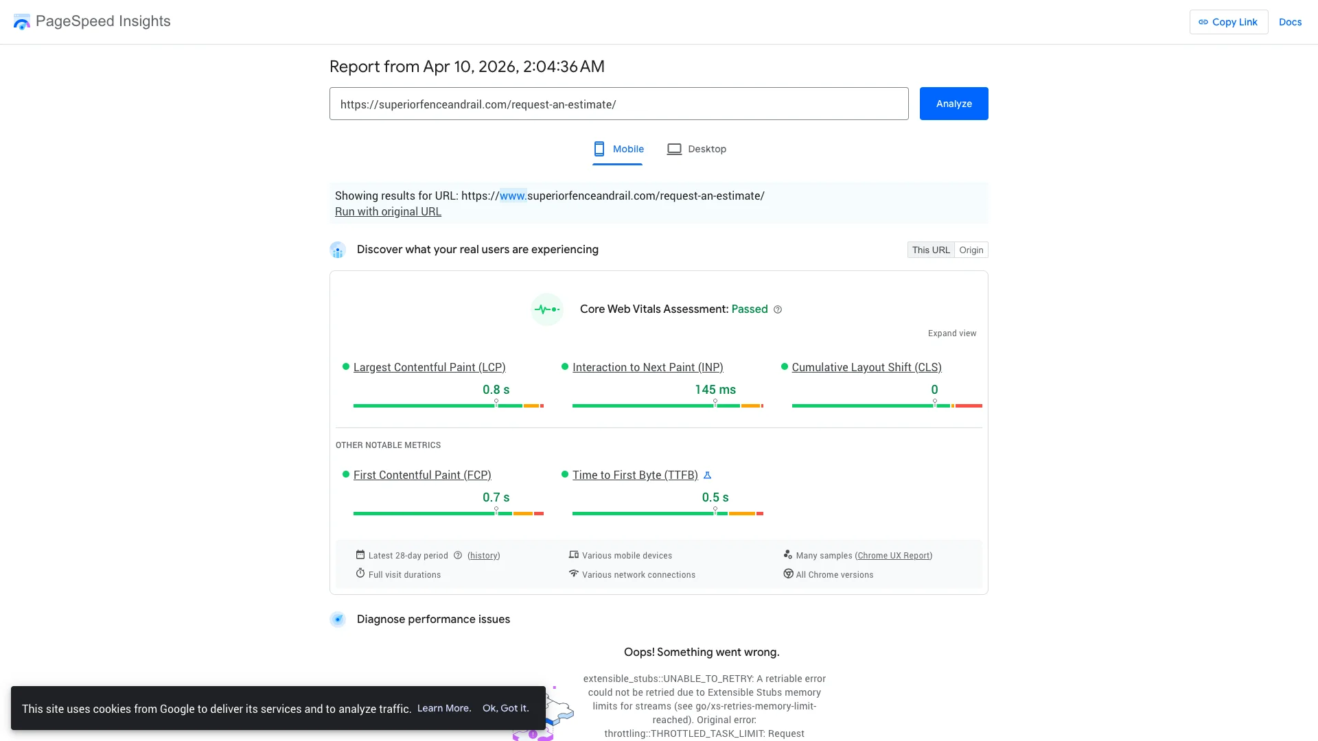 Google PageSpeed Insights Lighthouse lab results for Superior Fence and Rail estimate page on mobile showing a score of 75 out of 100