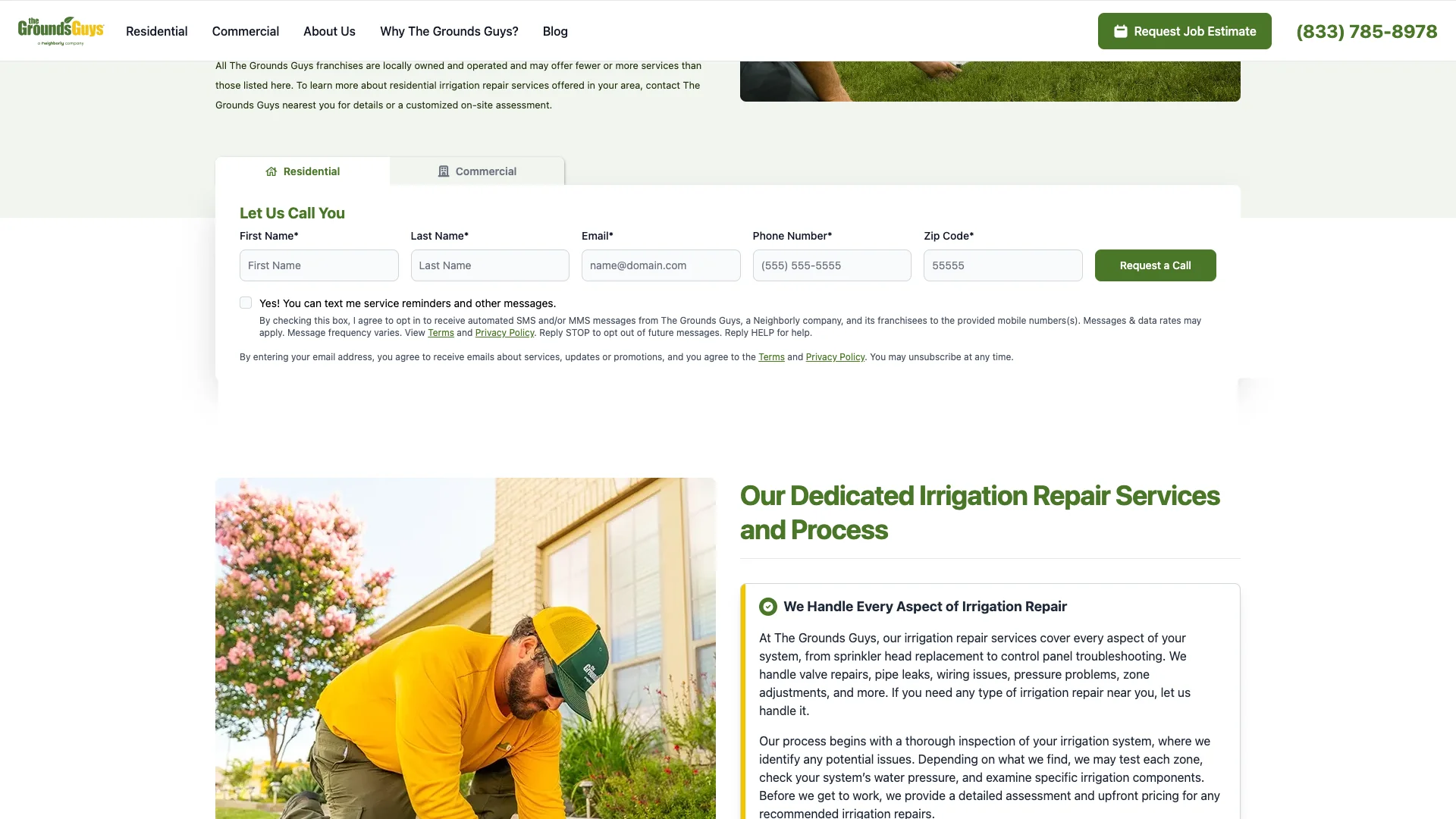 The Grounds Guys service page showing the deep content layout with landscaping information but no visible Google Reviews, trust badges, or social proof elements