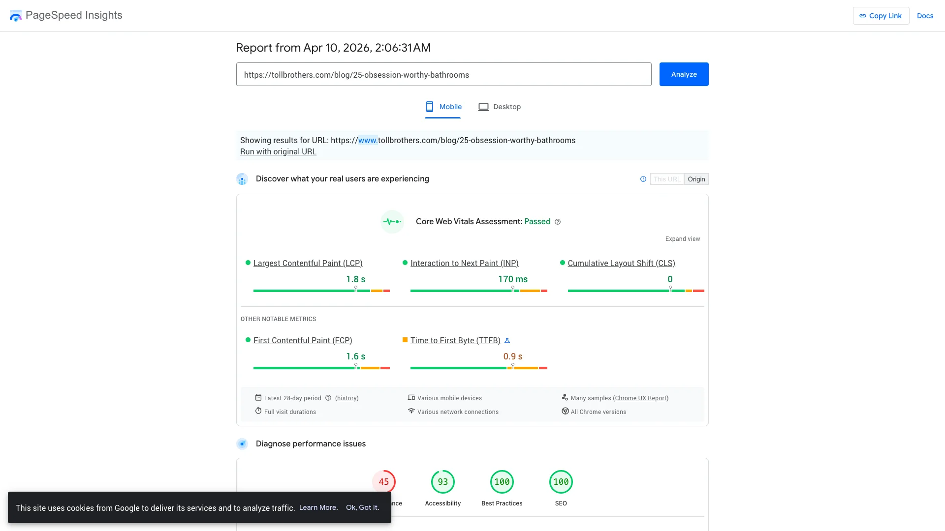 Google PageSpeed Insights Lighthouse lab results for Toll Brothers bathrooms blog post on mobile showing a score of 54 out of 100