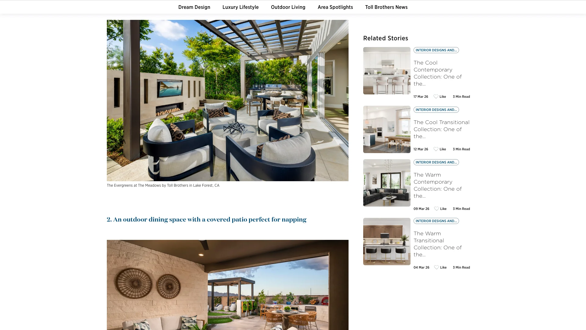 Toll Brothers blog page showing the minimal trust signal presence with no badges and no review widgets visible alongside the design content