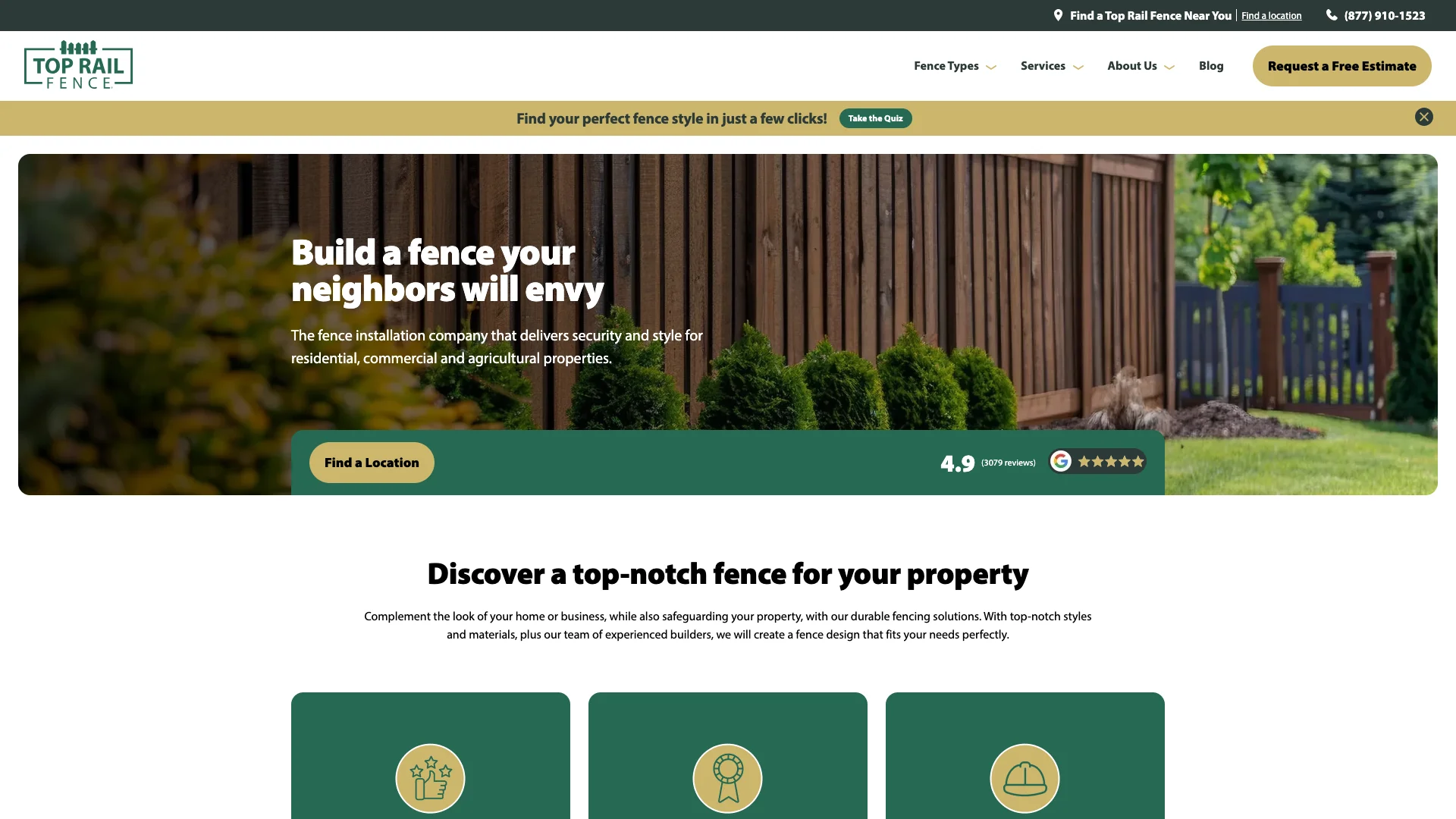 Top Rail Fence homepage hero showing fencing franchise branding