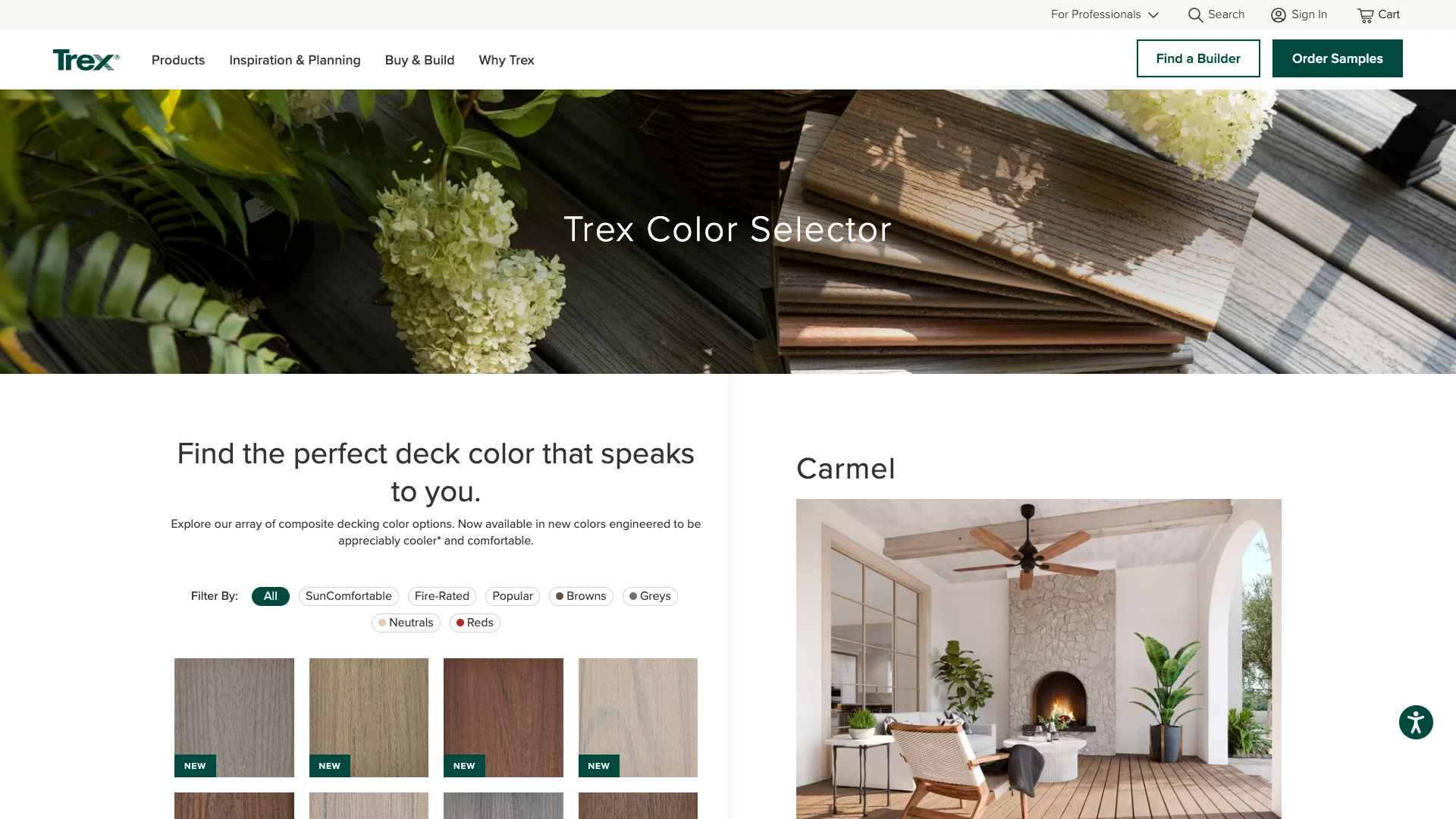 Trex Color Selector page showing a grid of composite decking color samples organized by collection, with color names and product photography for each shade, filterable by deck board line