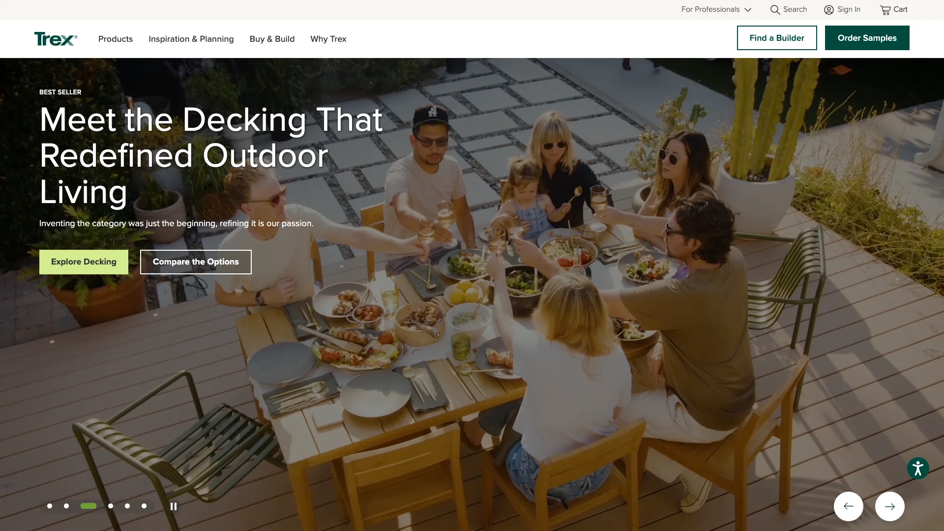 Trex homepage hero showing composite decking product photography