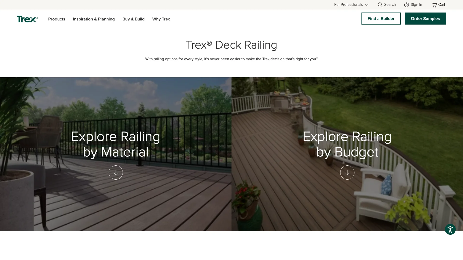 Trex railing product page showing railing product options with lifestyle imagery, navigation with Products, Inspiration and Planning, Buy and Build links, and the same 9-field Request a Quote form pattern