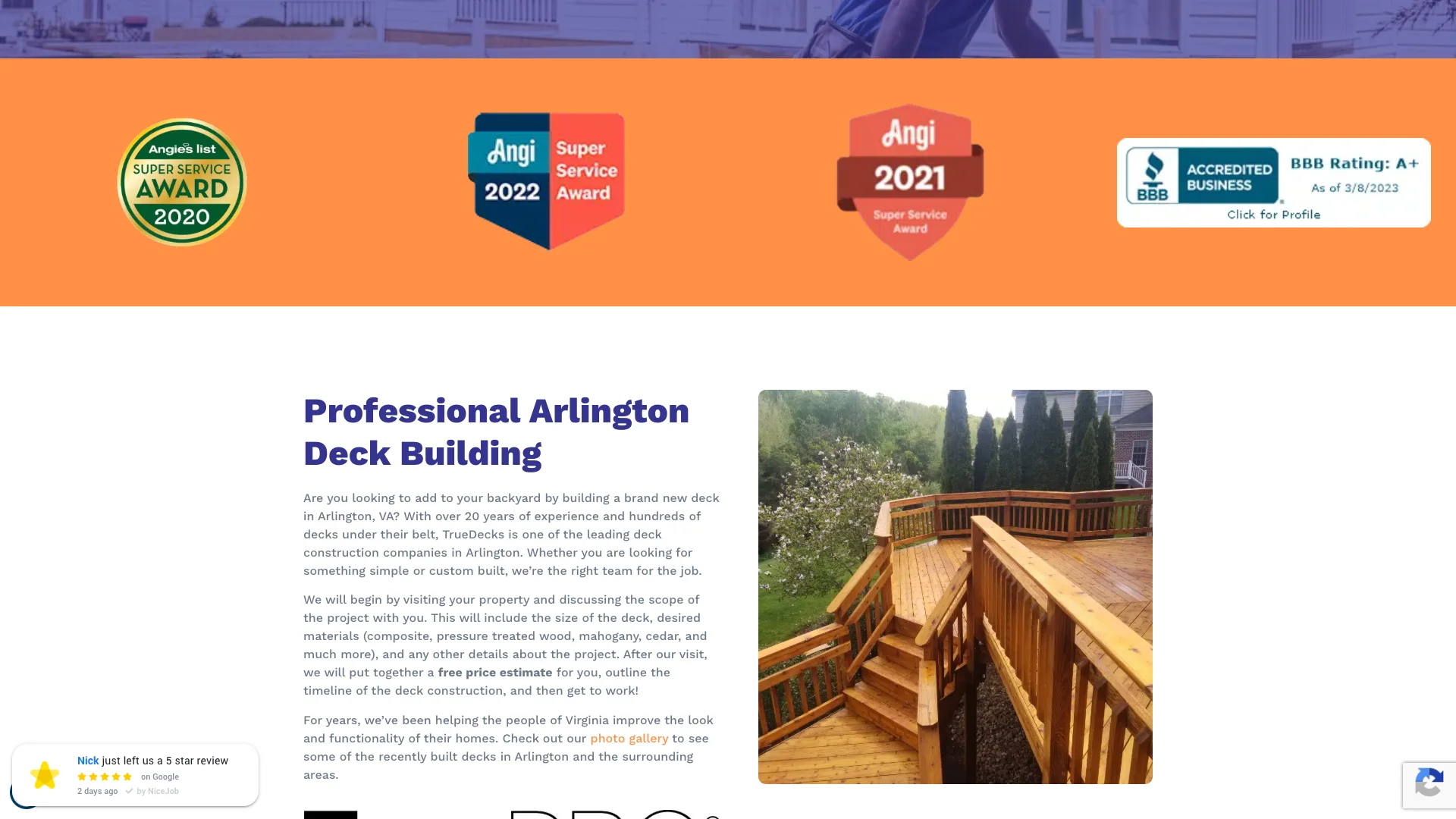 TrueDecks Arlington Virginia deck construction service page showing the local service content, Google Reviews widget, trust badges, and the conversion CTAs for the Arlington market