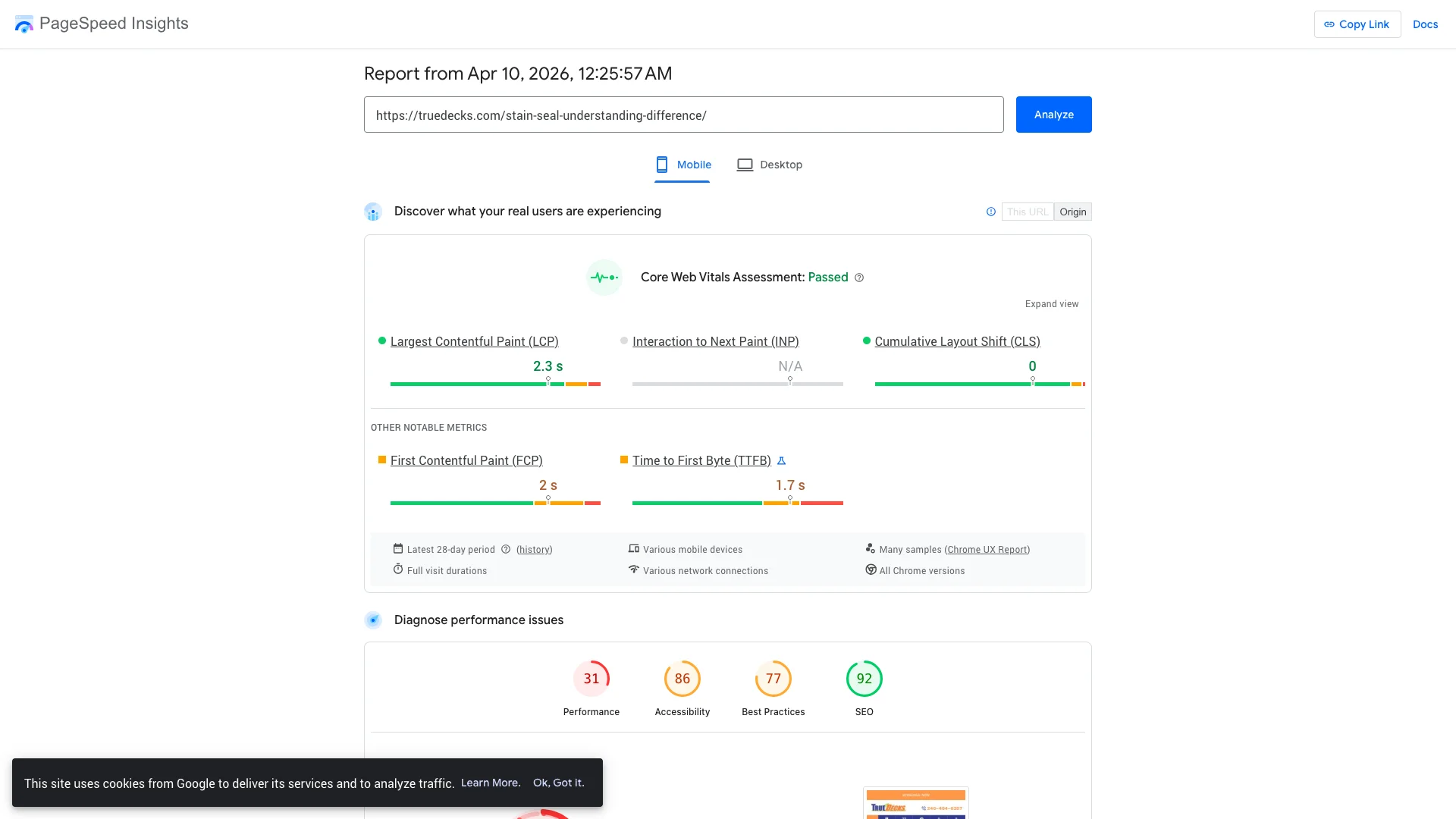 Google PageSpeed Insights Lighthouse lab results for TrueDecks stain vs seal blog post on mobile showing a score of 31 out of 100